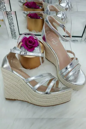 3 Straps Jute High Wedges Sandals