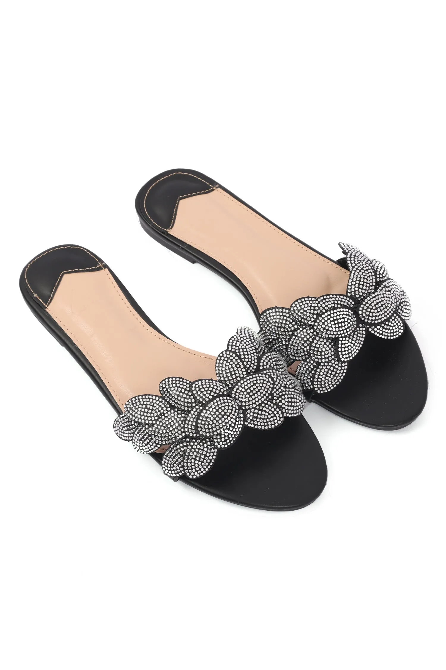 3D RHINESTONE FLOWER SLIDES-BLACK