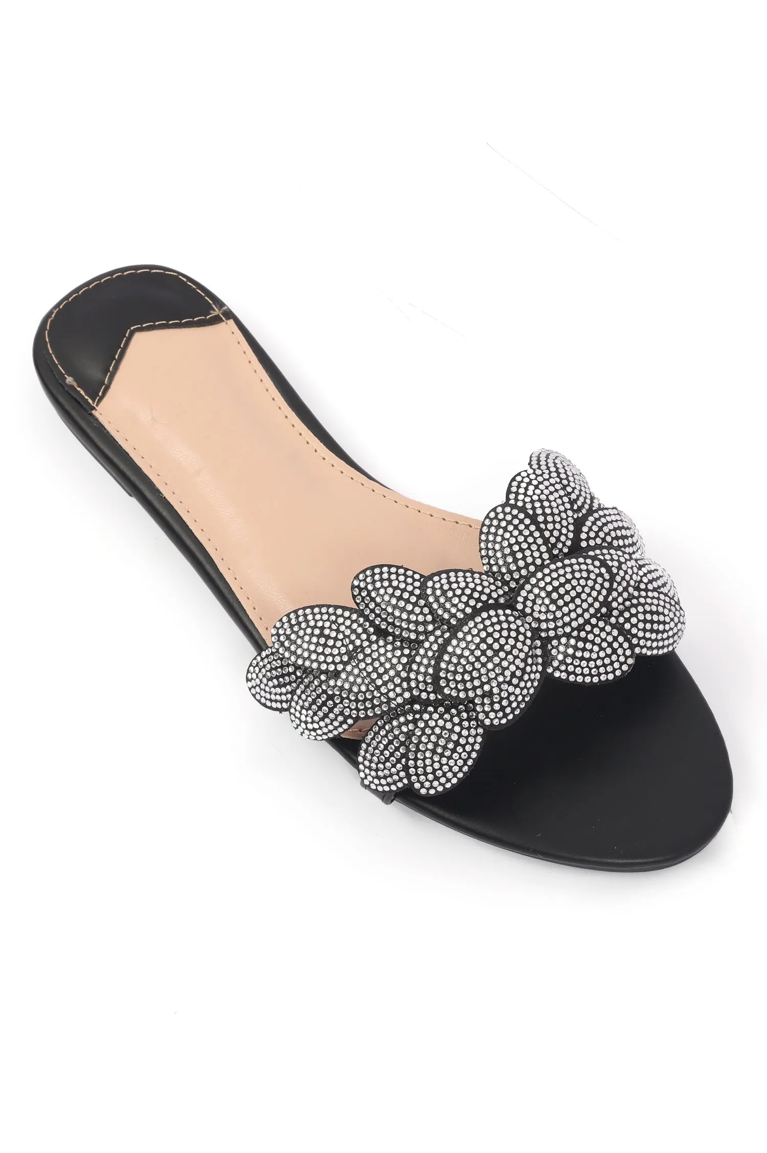 3D RHINESTONE FLOWER SLIDES-BLACK