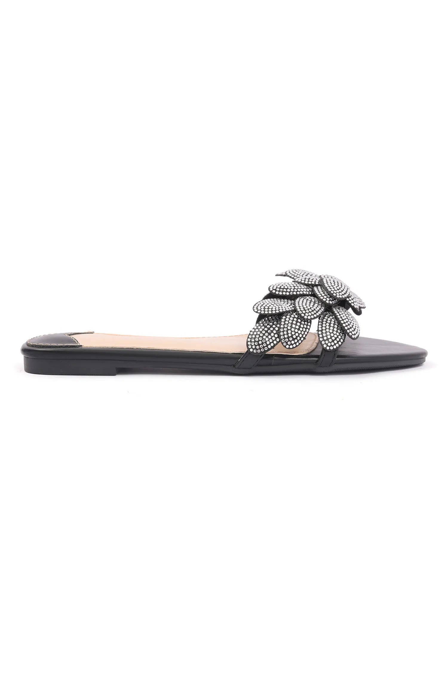 3D RHINESTONE FLOWER SLIDES-BLACK