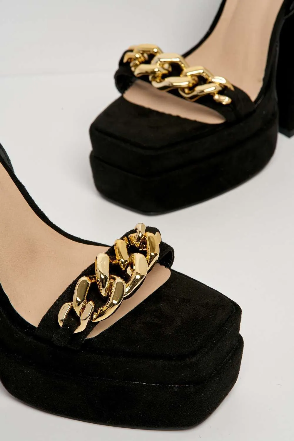 Aden Chain Detail Band Platform Block Heel Sandal in Black Suede