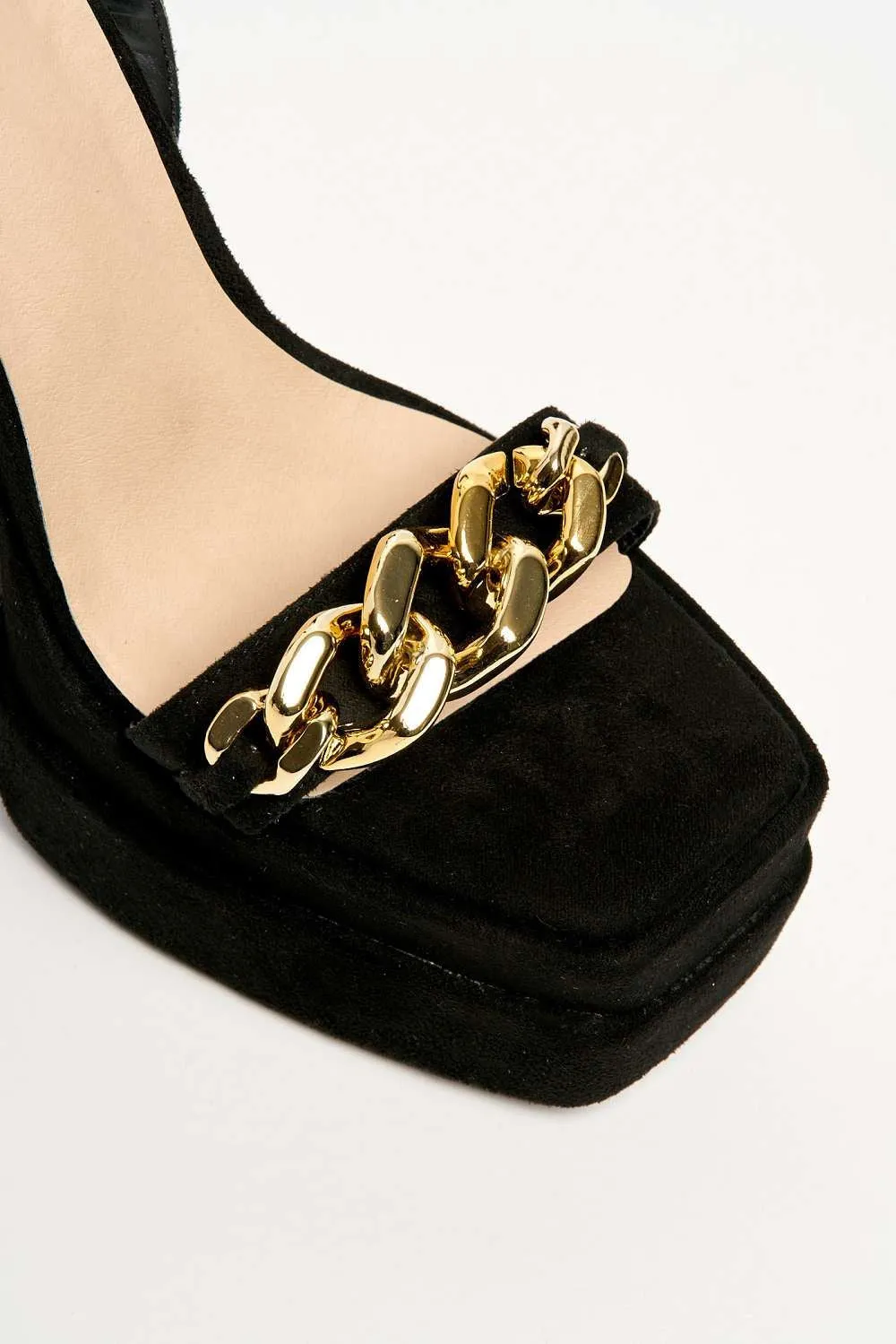 Aden Chain Detail Band Platform Block Heel Sandal in Black Suede