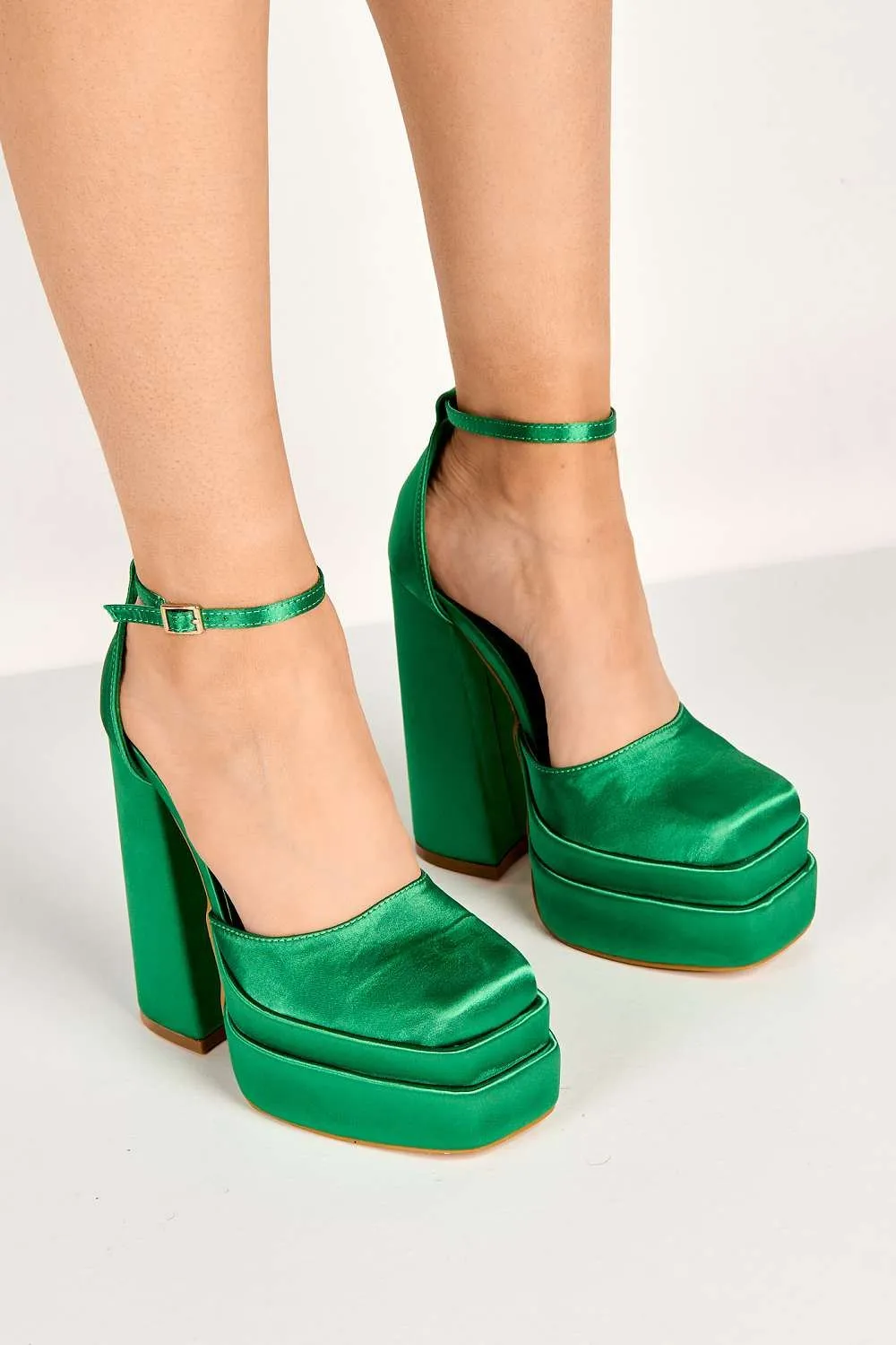 Adiana Platform Anklestrap Block Heels in Green Satin