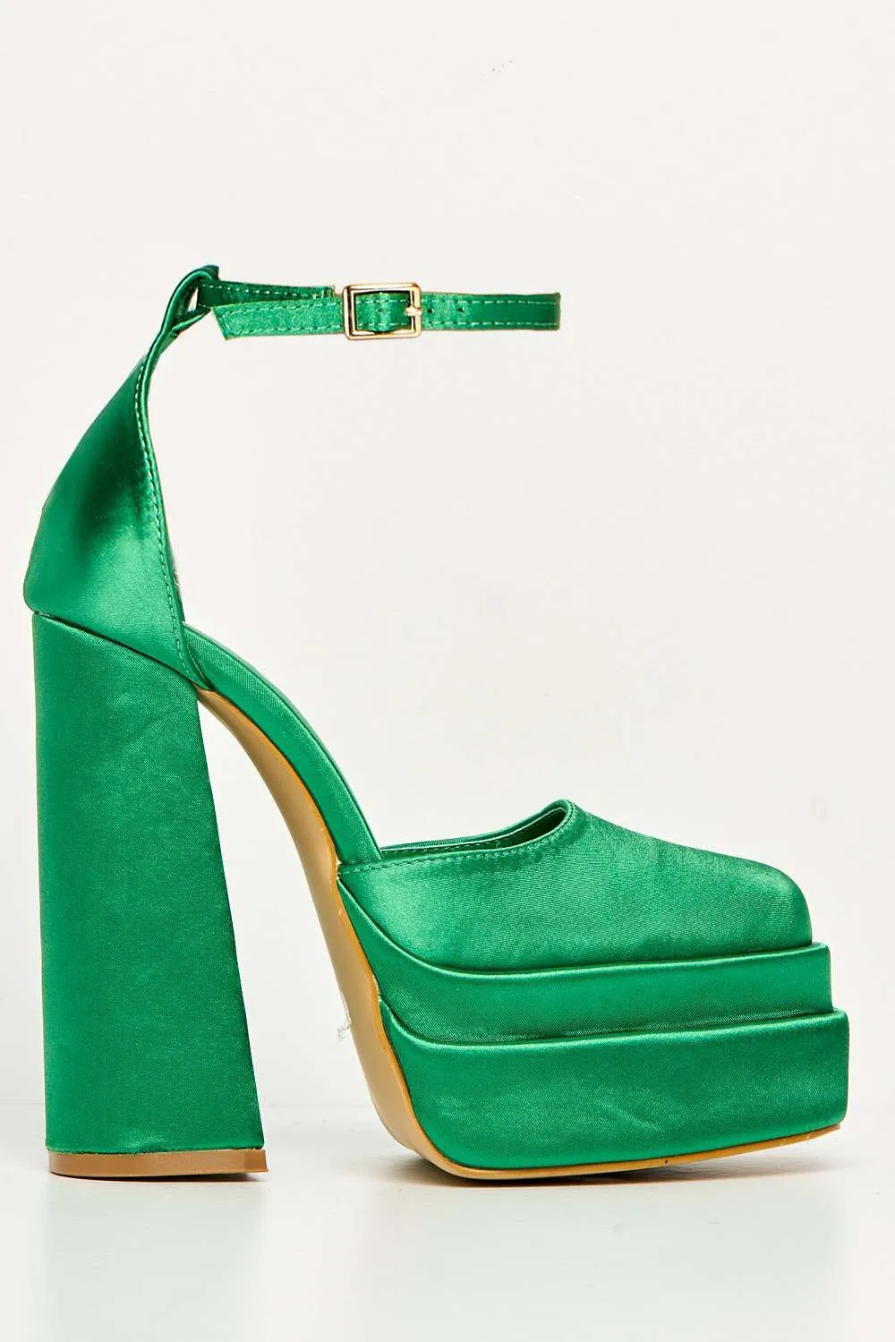 Adiana Platform Anklestrap Block Heels in Green Satin