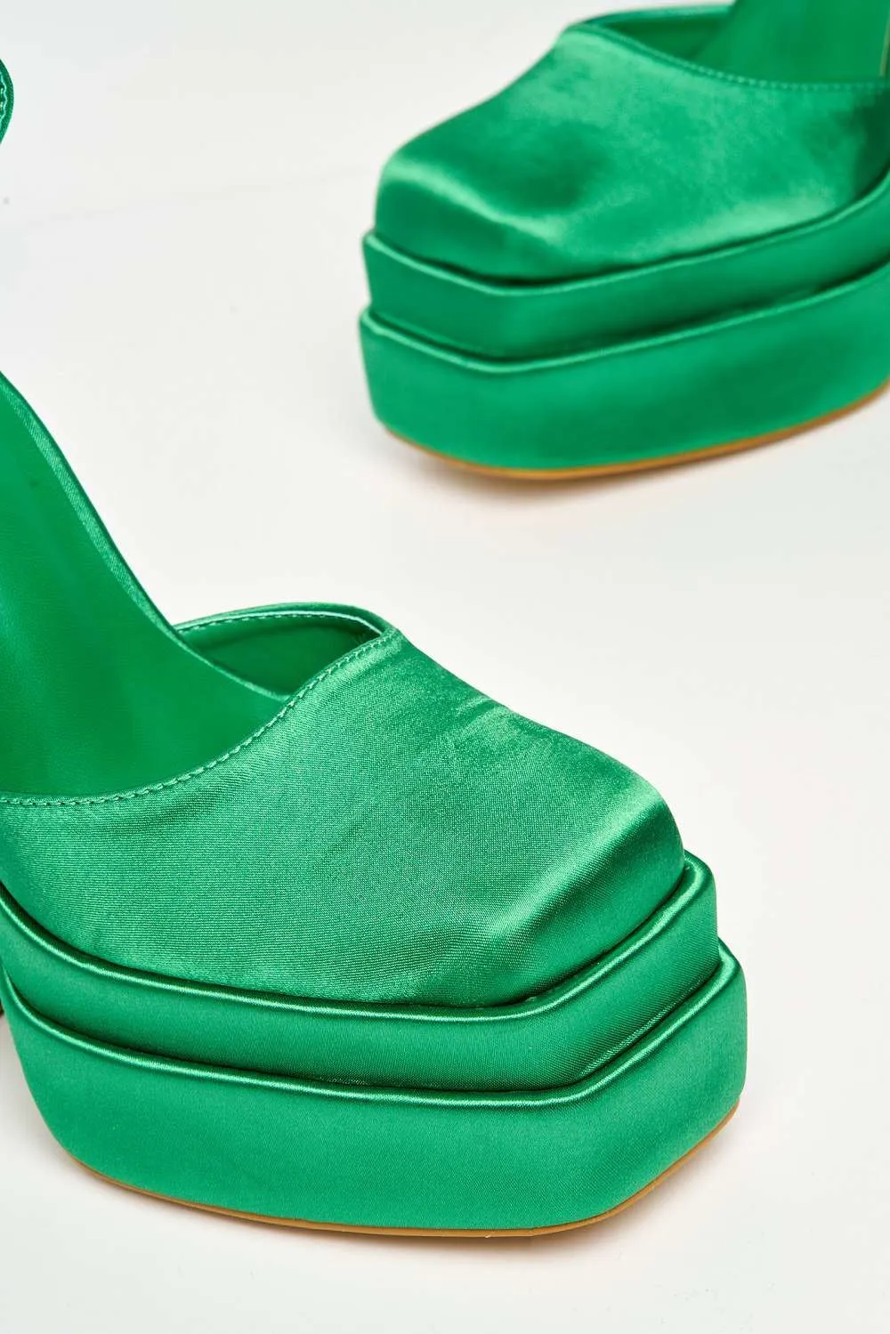 Adiana Platform Anklestrap Block Heels in Green Satin