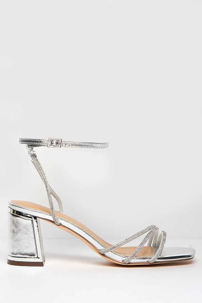 Alyanna Diamante Embellished Metallic Trim Block Heel Sandals in Silver