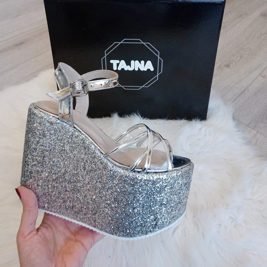 Ankle Strap Silver Shiny Wedge Platform Sandals