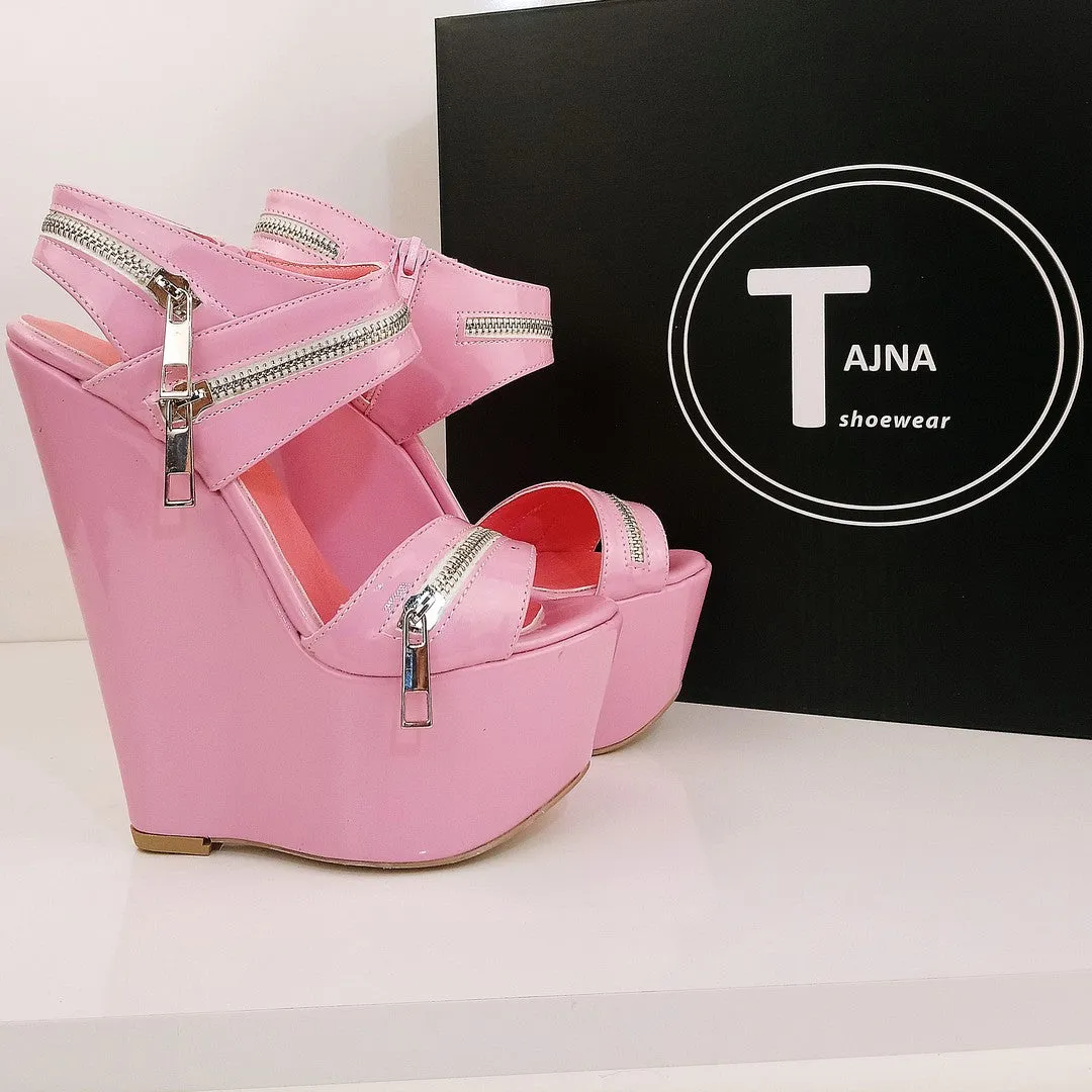 Baby Pink Patent Leather  Heel Wedge Sandals