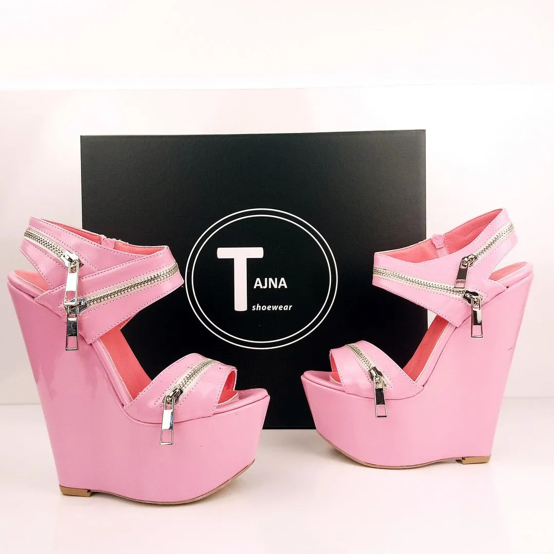 Baby Pink Patent Leather  Heel Wedge Sandals