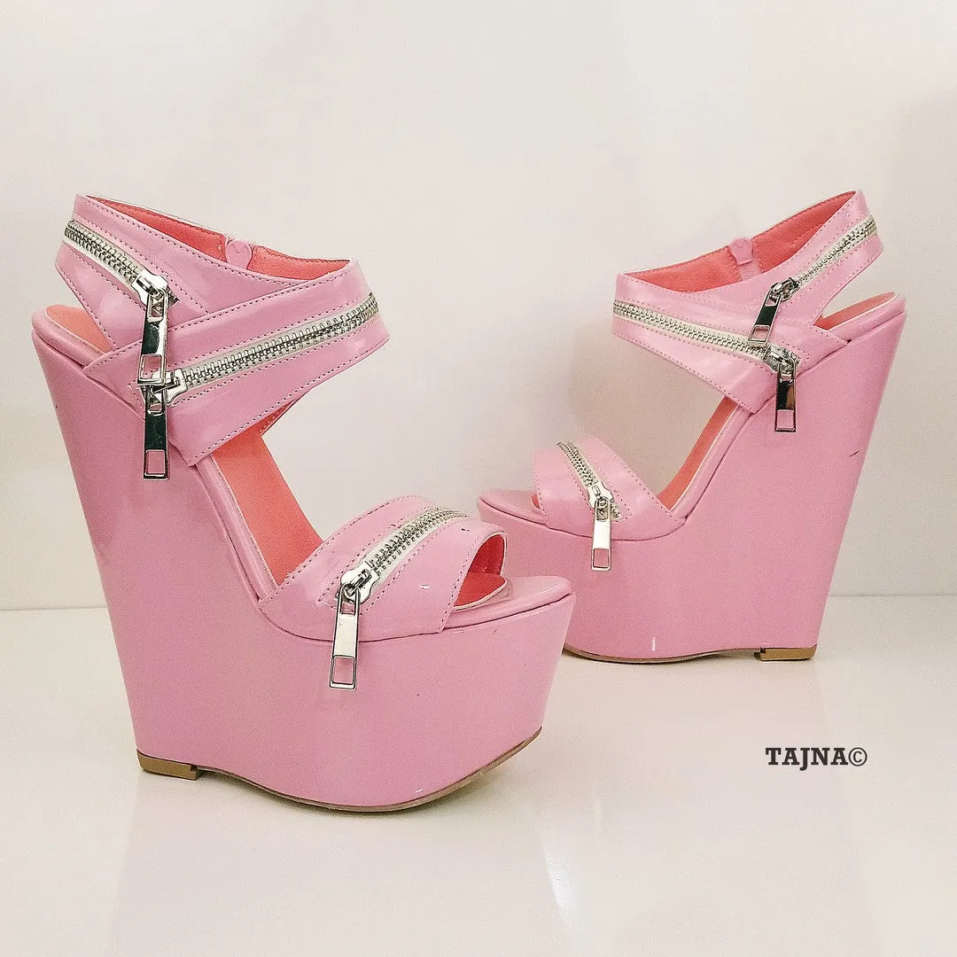 Baby Pink Patent Leather  Heel Wedge Sandals