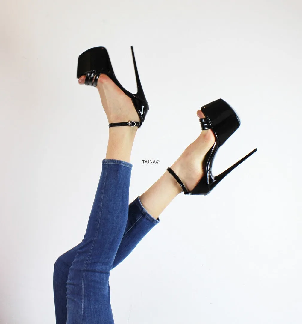 Black Patent Ankle Strap Platform High Heels