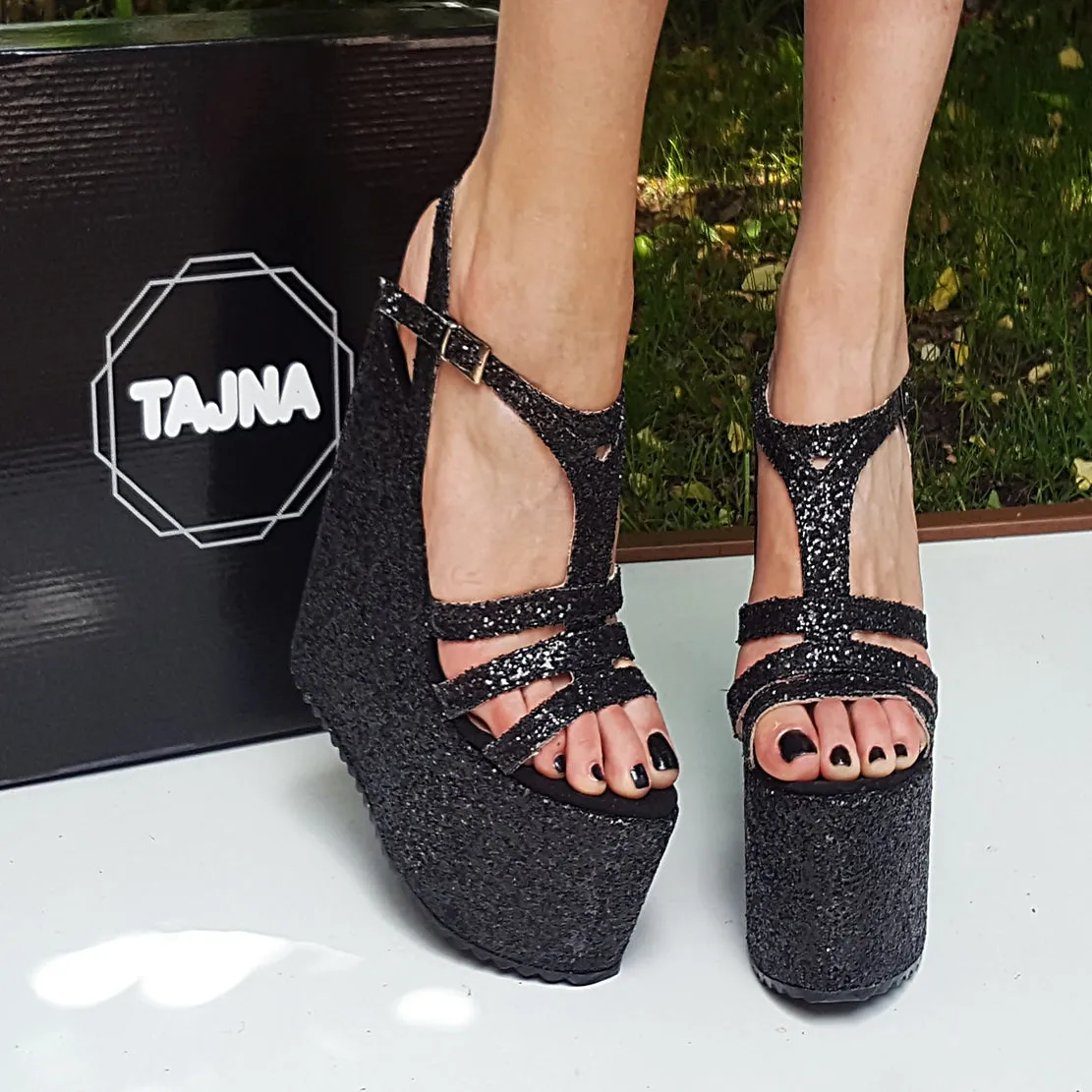 Black Shiny Multi Strap Wedge Platform Sandals