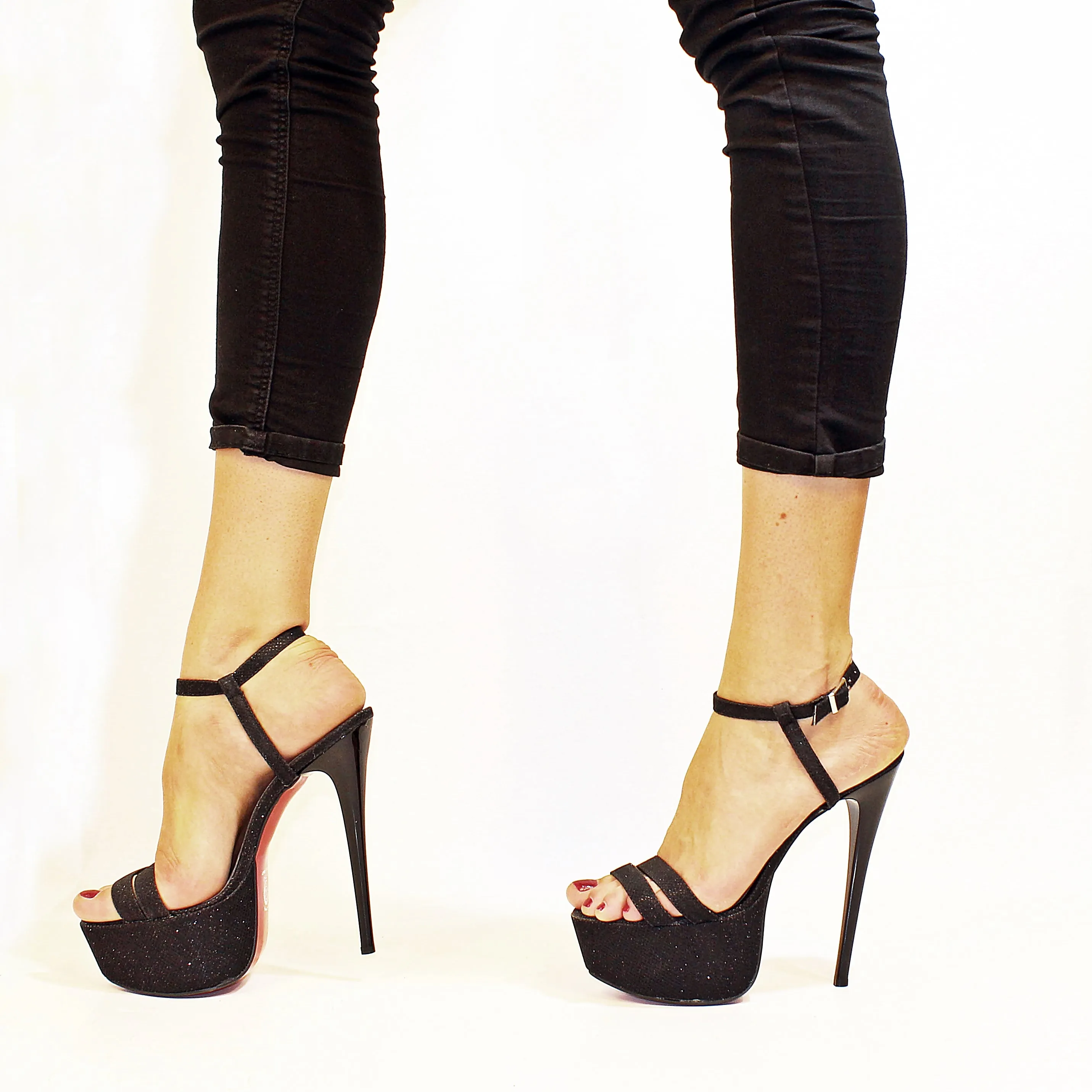 Black Shiny Shimmer High Heel Platform Sandals