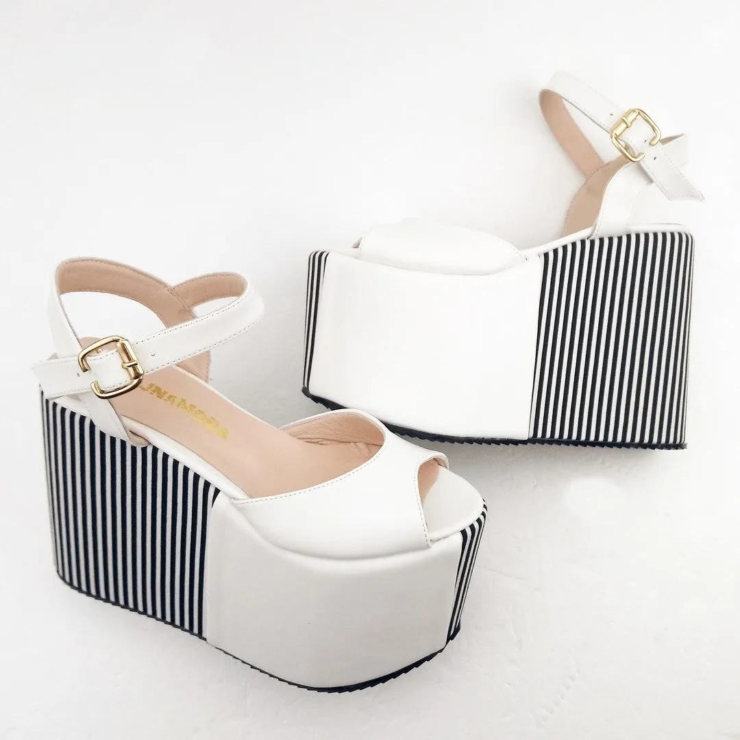 Black White Stripe Wedge Platform Sandals