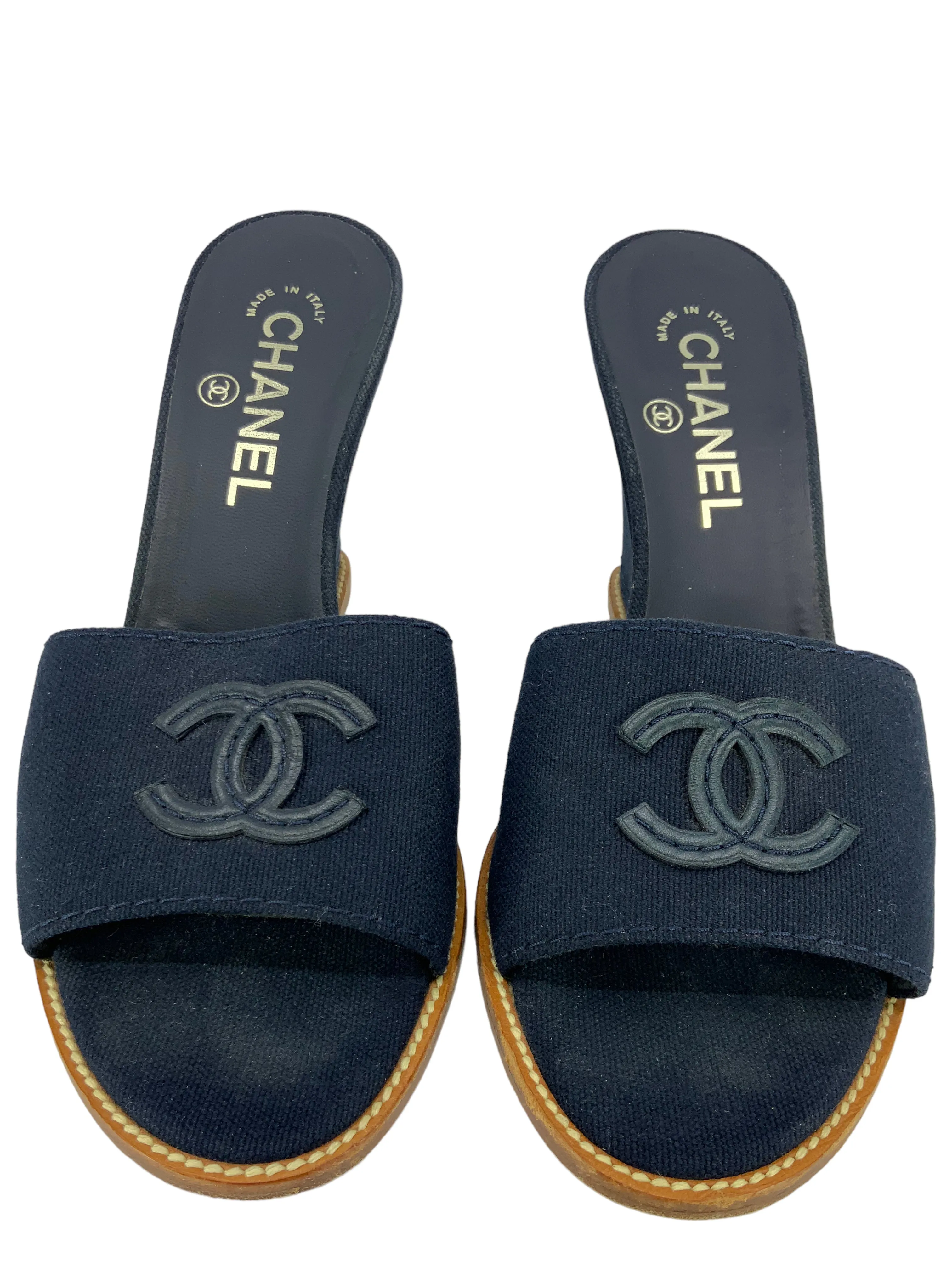 CHANEL Canvas CC Logo Wedge Sandals Size 8.5