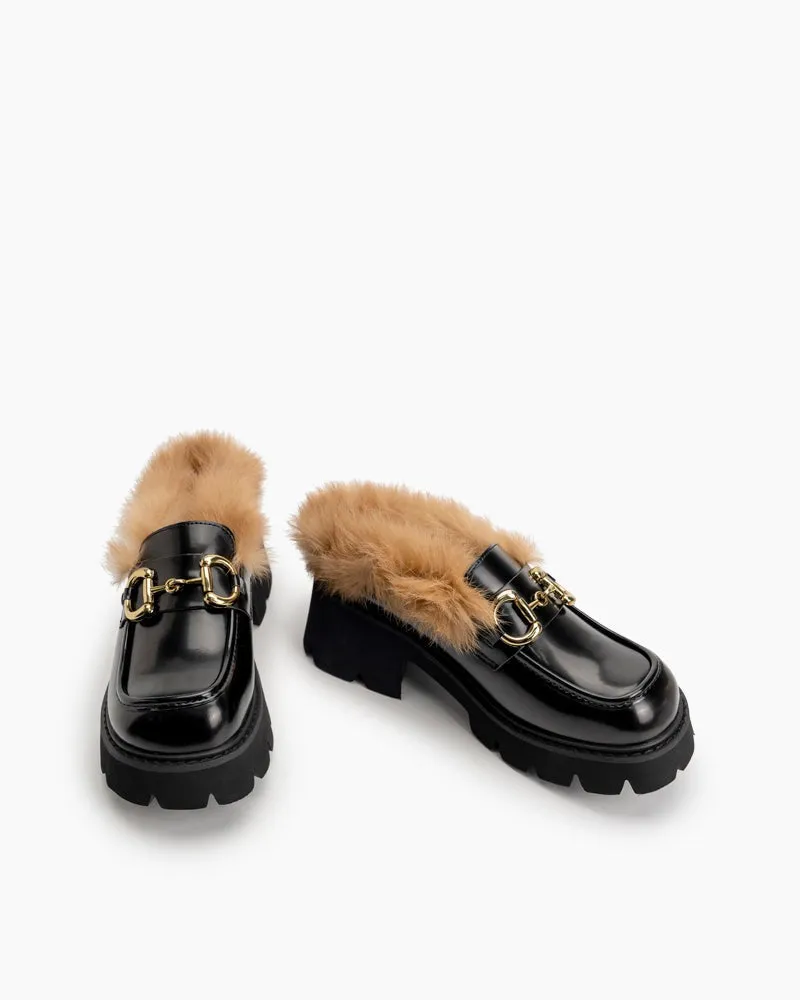 Classic Metal Buckle Fur Backless Slip on Slides Platform Chunky Mules