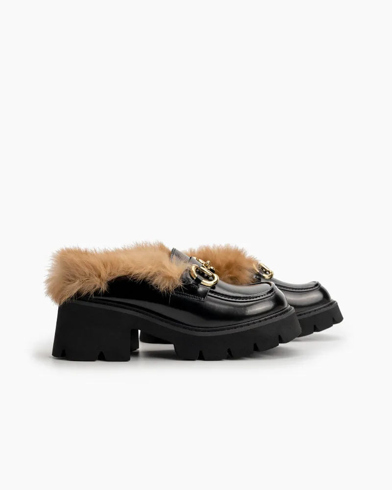 Classic Metal Buckle Fur Backless Slip on Slides Platform Chunky Mules