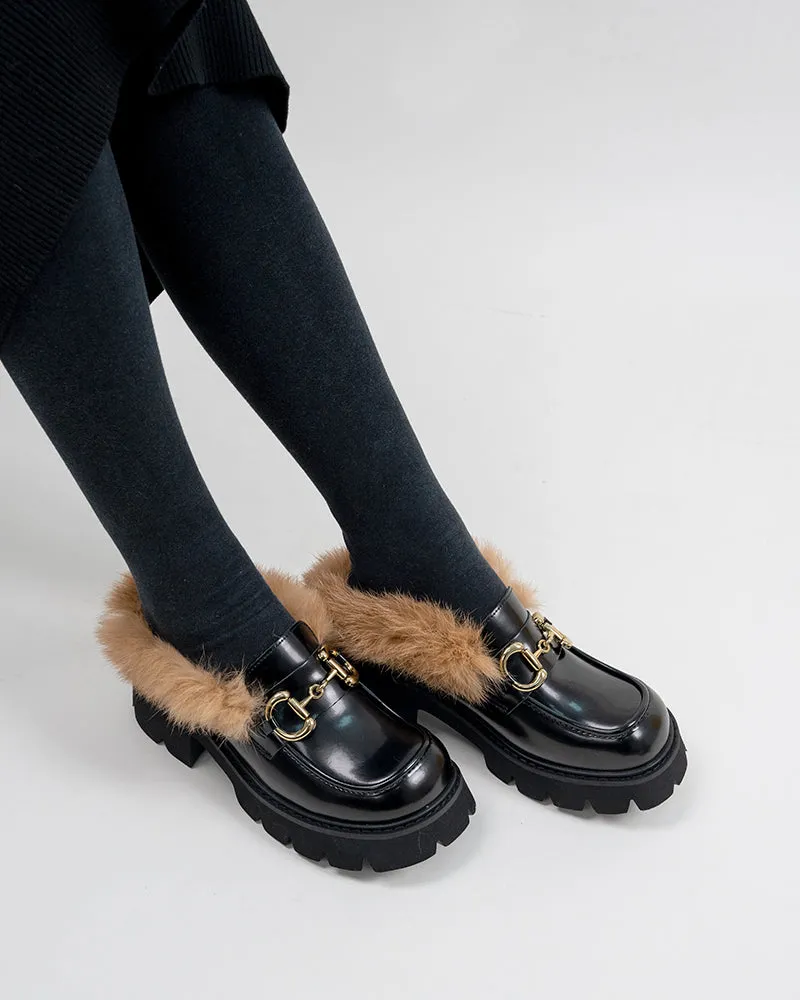 Classic Metal Buckle Fur Backless Slip on Slides Platform Chunky Mules