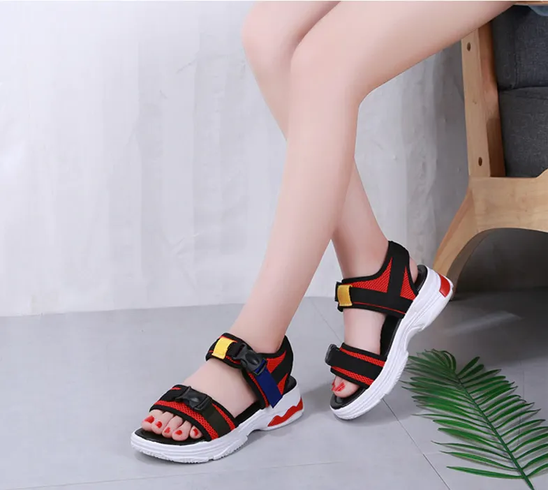 Colorful Buckle Open Toe Wedge Sandals