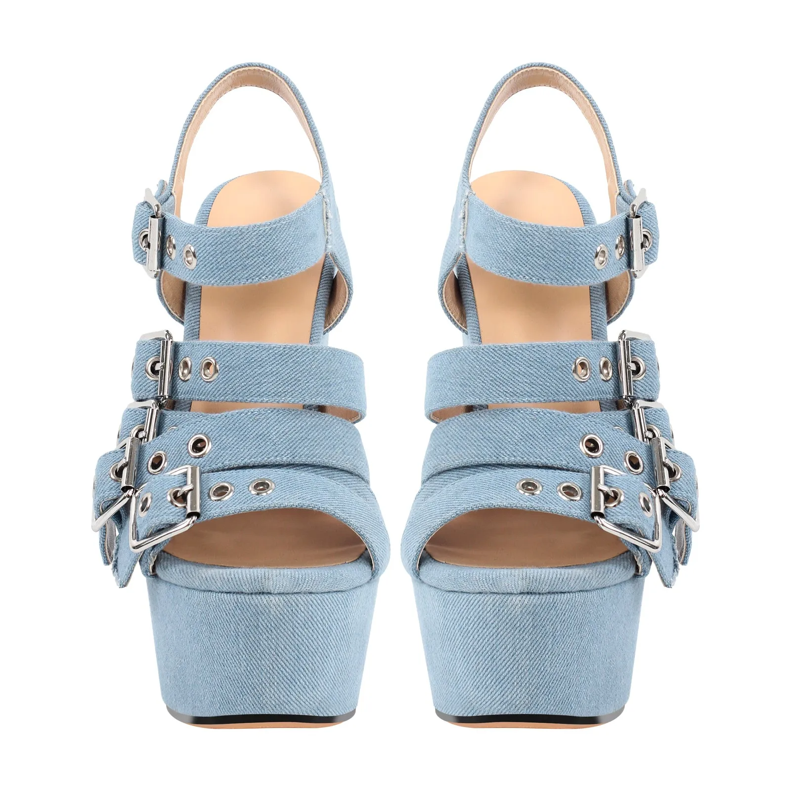 Denim Platform Wedge Heel Buckle Strap Sandals