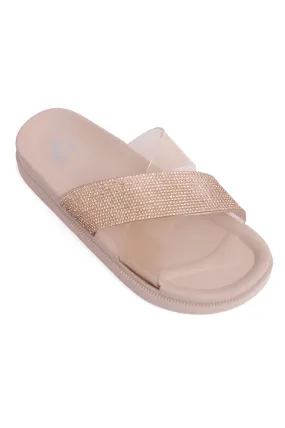 DIAMANTE CROSSOVER SLIDES-ROSE GOLD