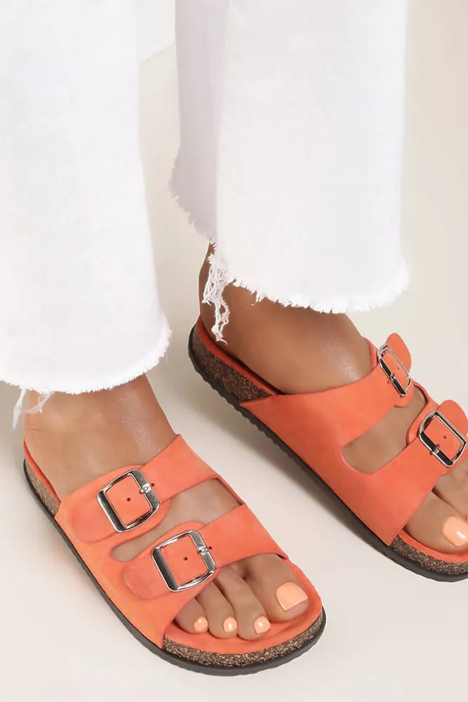 Double Buckle Suedette Footbed Sandal