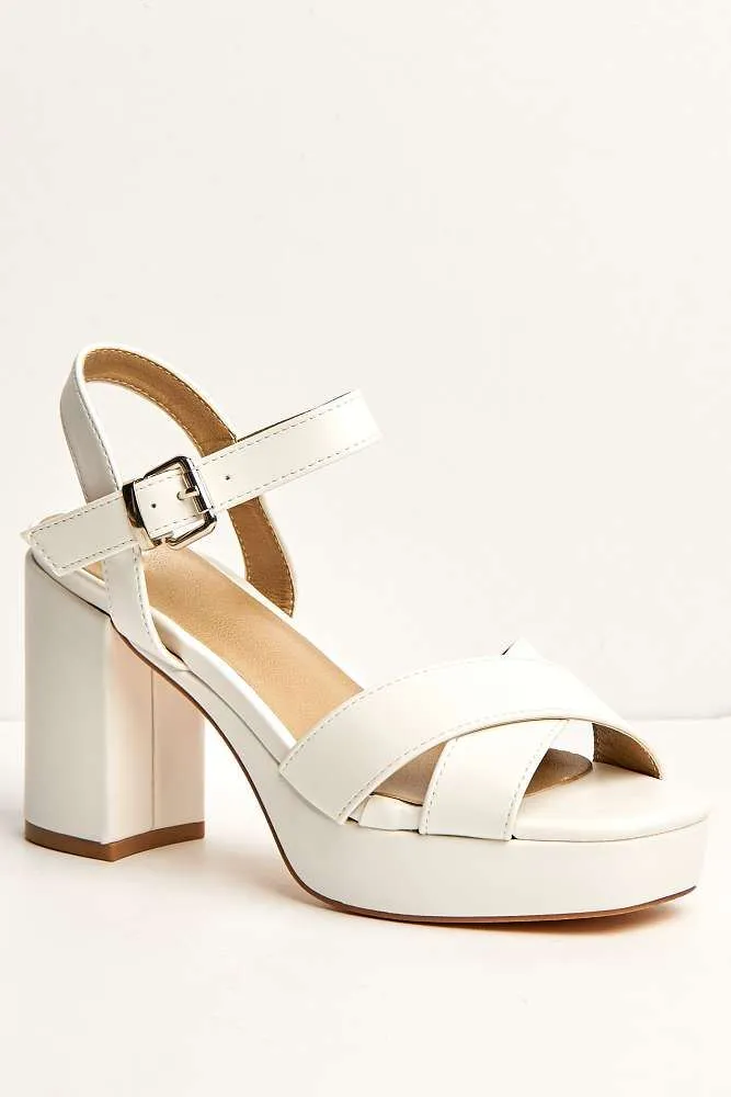 Dove Criss Cross Block Heel Ankle Strap Sandals in White