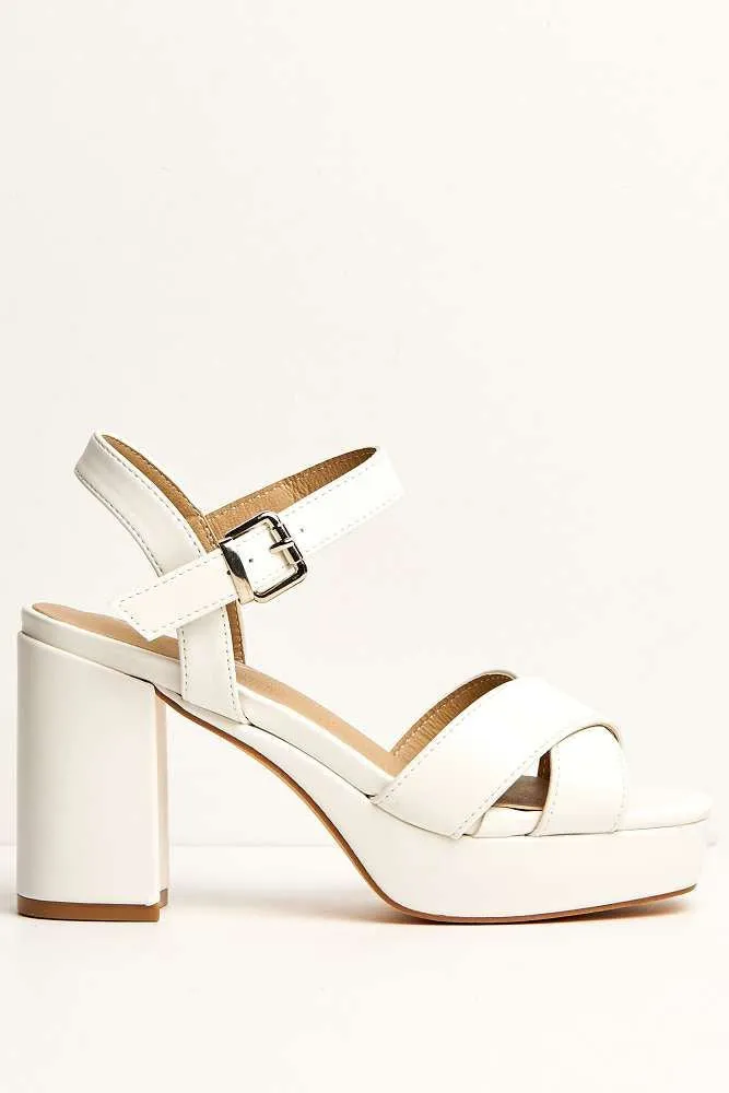 Dove Criss Cross Block Heel Ankle Strap Sandals in White