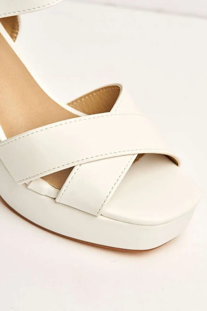 Dove Criss Cross Block Heel Ankle Strap Sandals in White