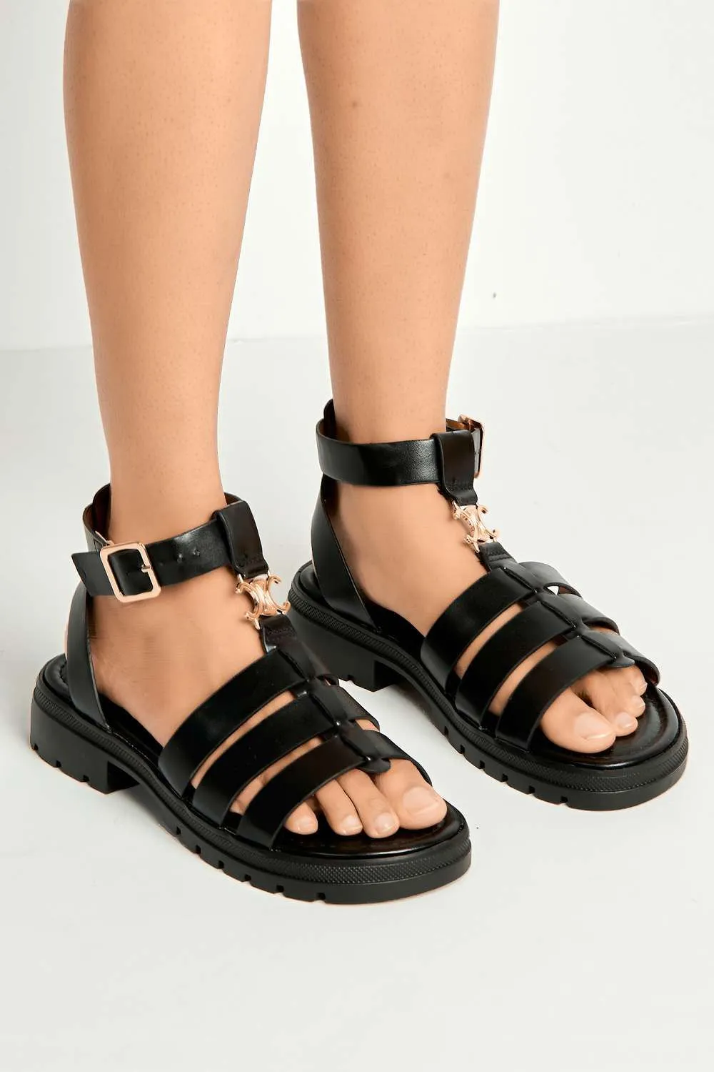 Elenie Anklestrap Flatform Sandals in Black