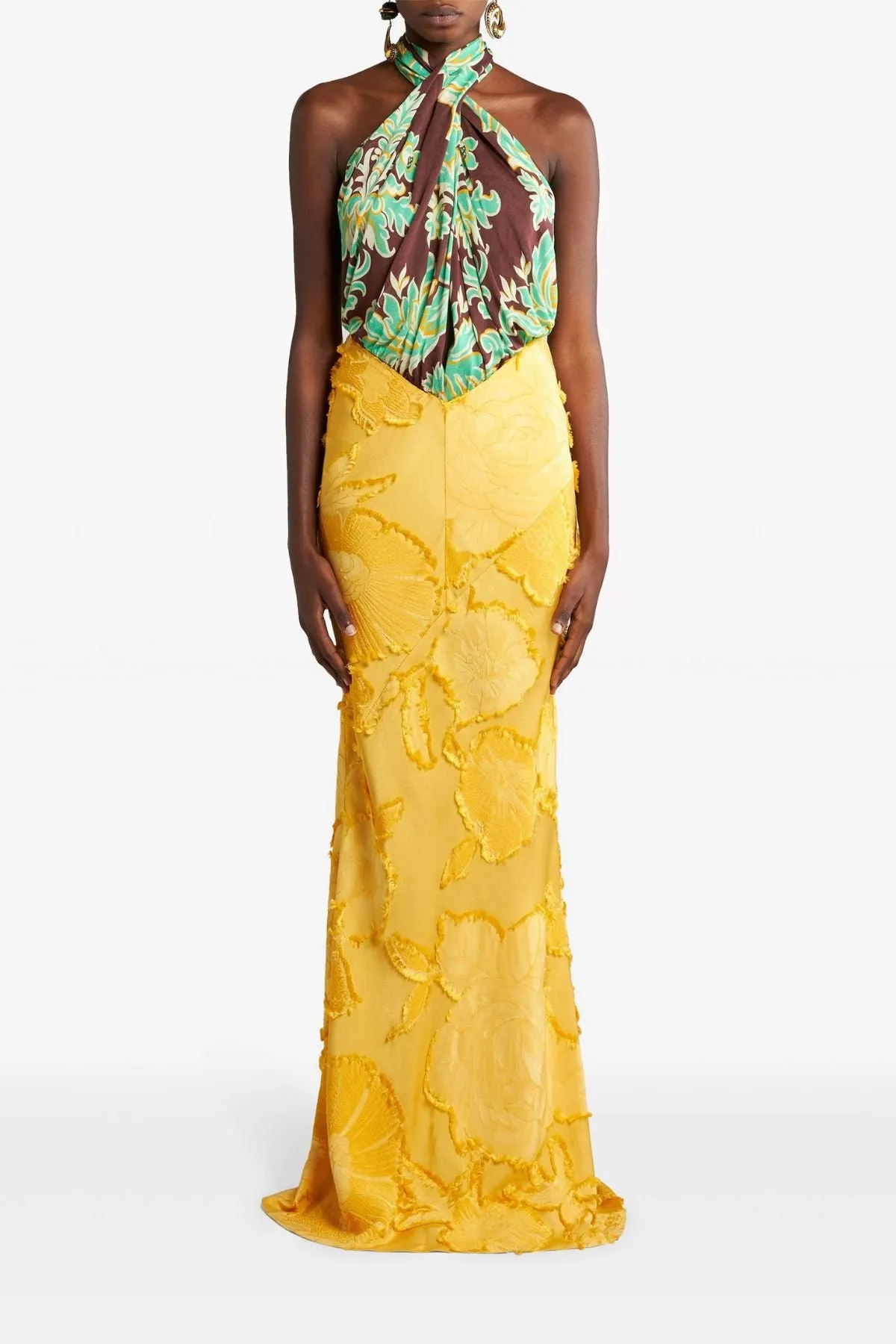 Etro Runway Floral Jacquard Halterneck Maxi Dress - Sunset Yellow/ Multi