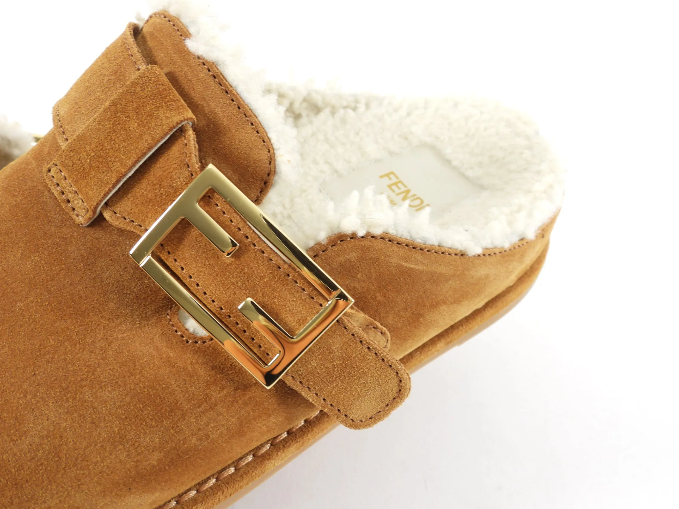 Fendi Tan Shearling Flat Slides - 37