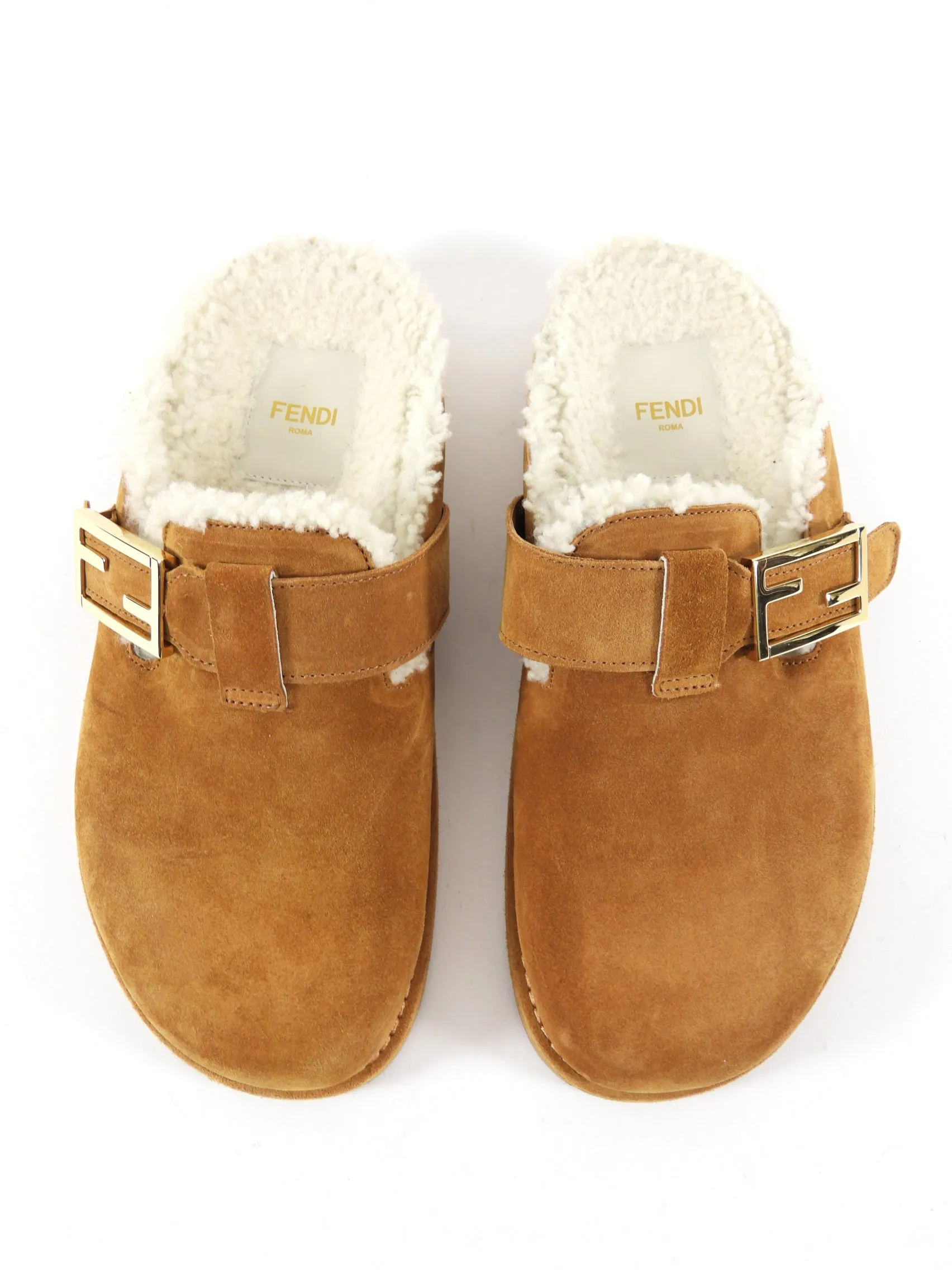 Fendi Tan Shearling Flat Slides - 37