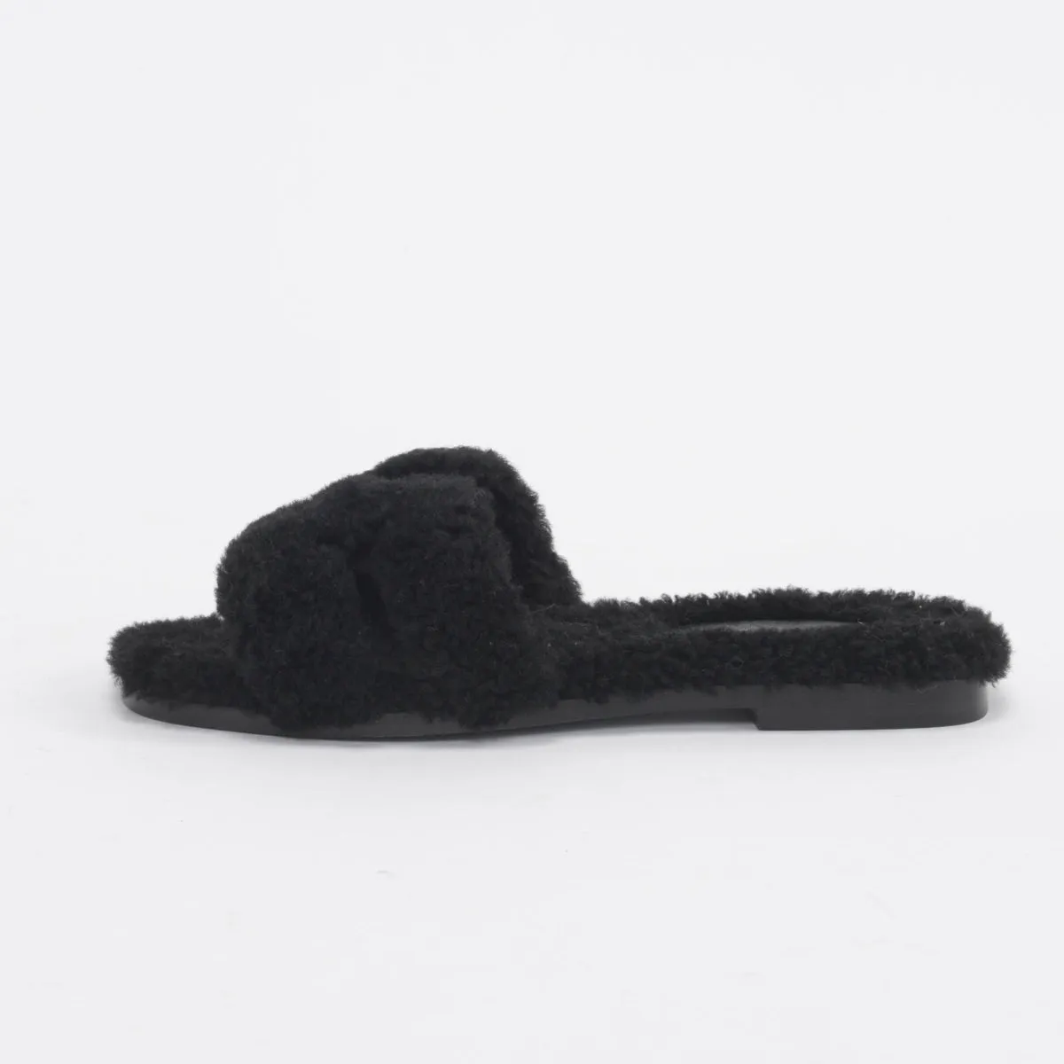 Hermes Black Shearling Oran Sandals 35