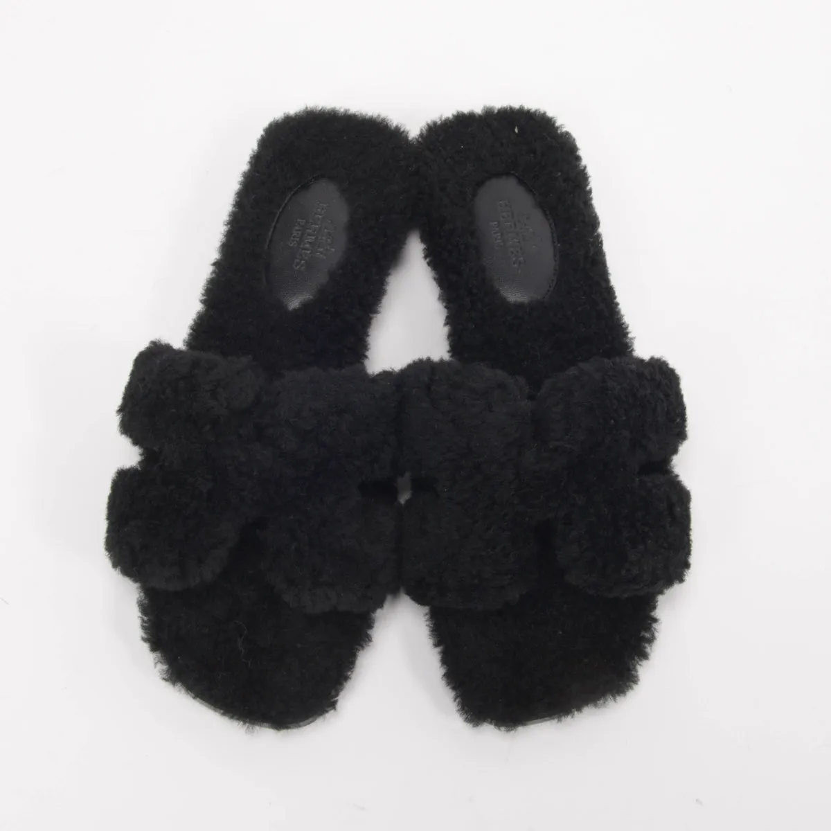 Hermes Black Shearling Oran Sandals 35