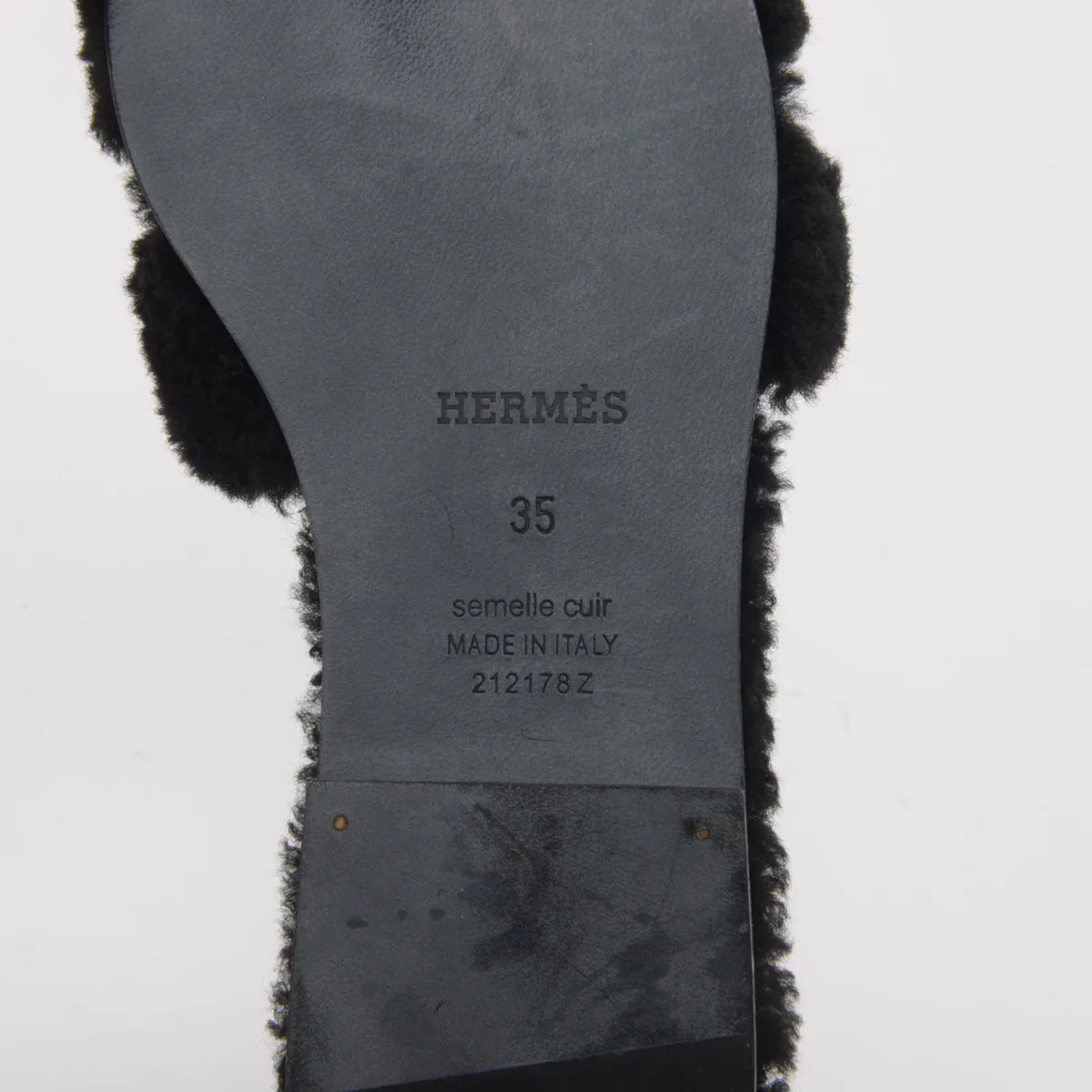 Hermes Black Shearling Oran Sandals 35