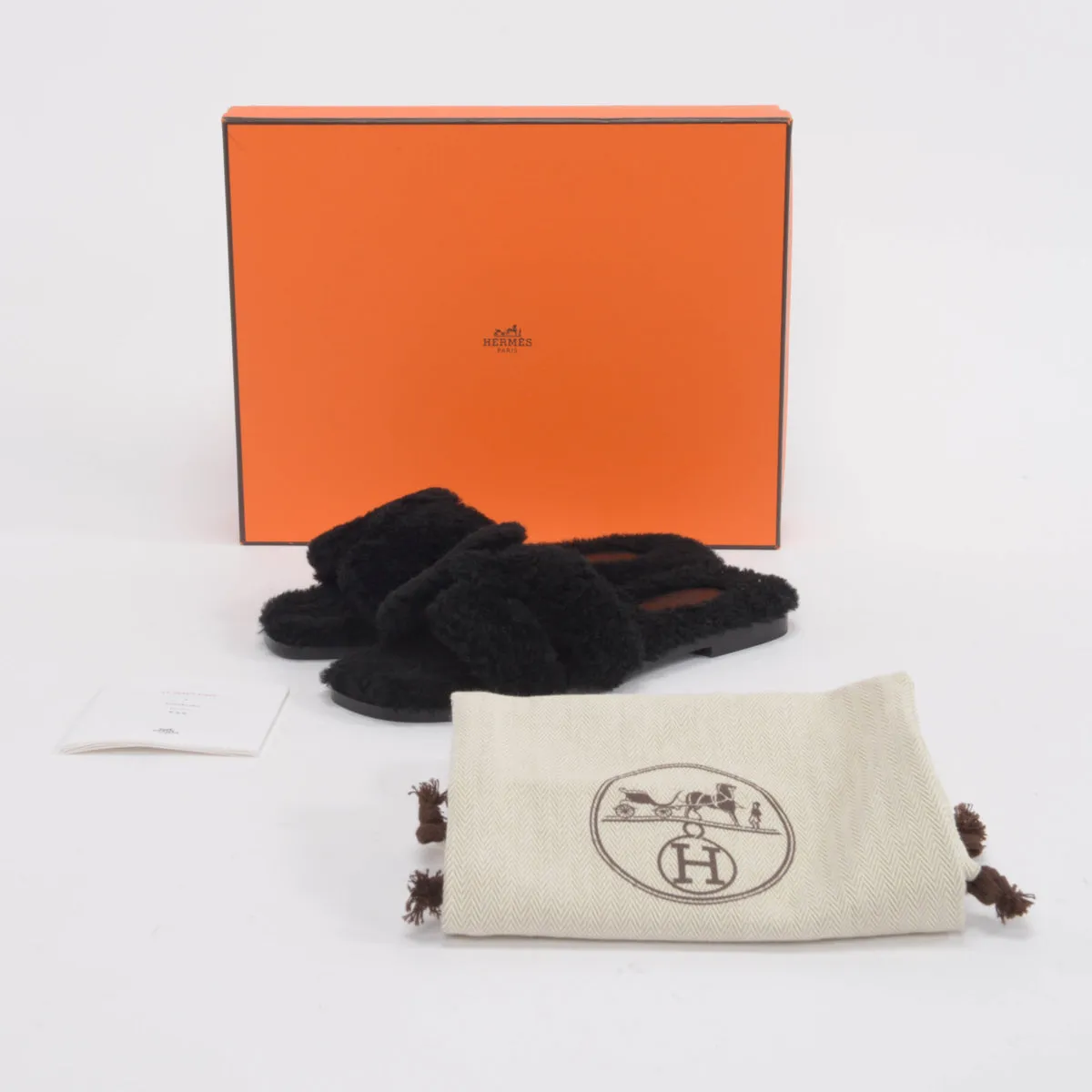 Hermes Black Shearling Oran Sandals 35