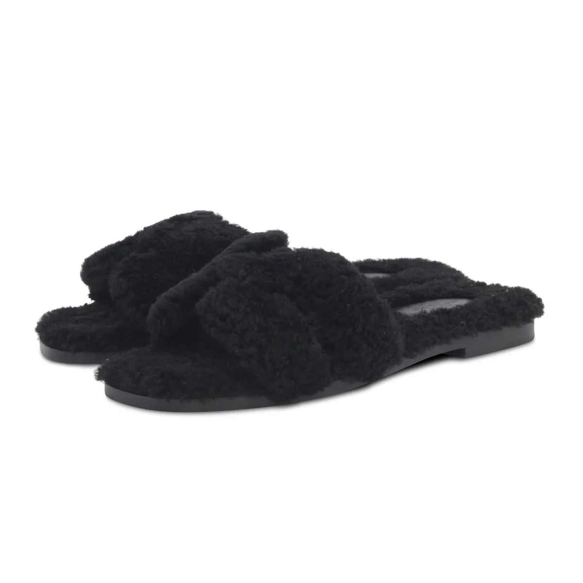 Hermes Black Shearling Oran Sandals 35