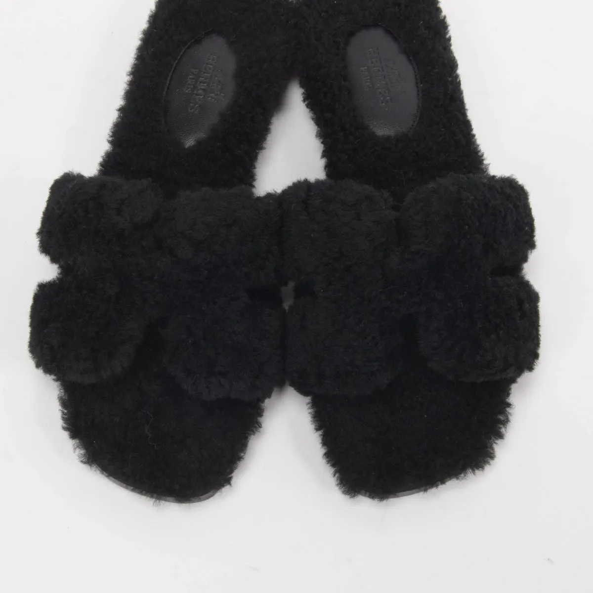 Hermes Black Shearling Oran Sandals 35