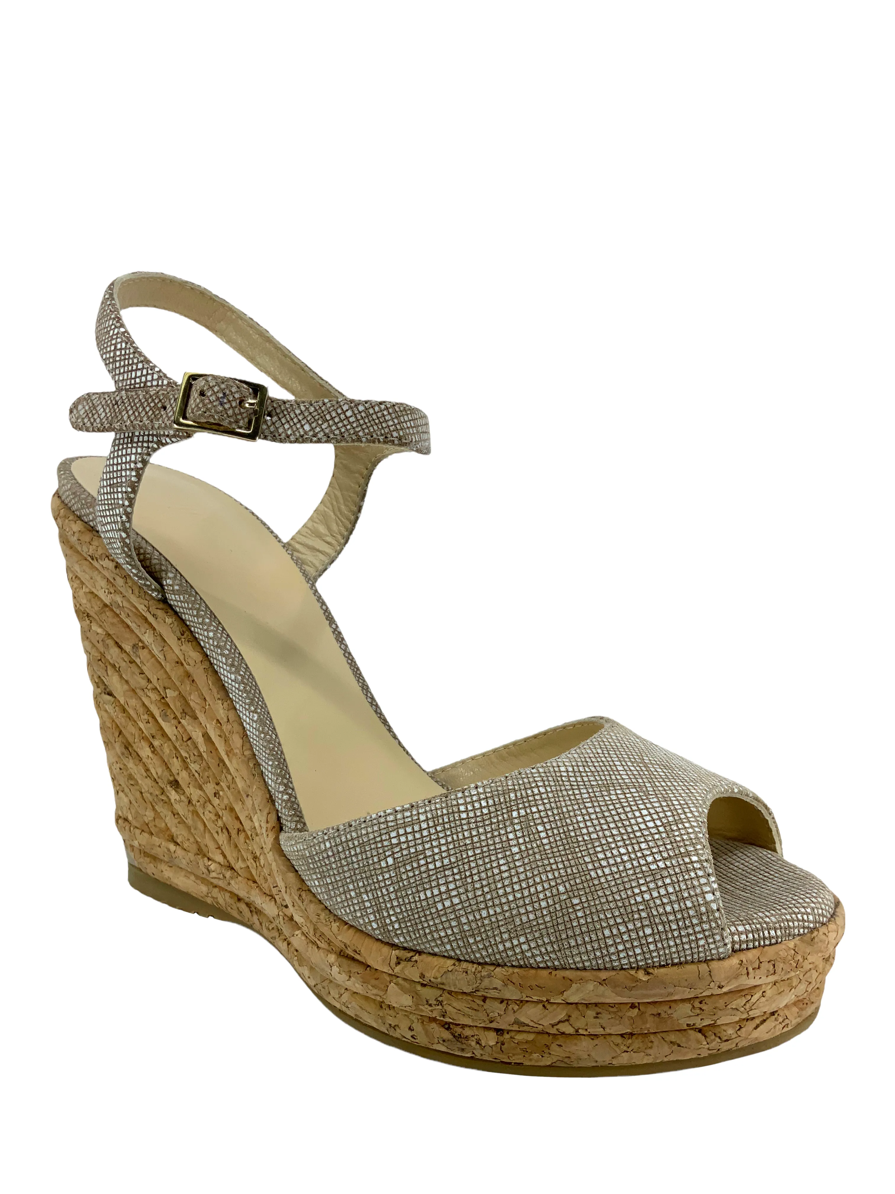 Jimmy Choo Textured Suede Cork Platform Wedge Sandals Size 9.5