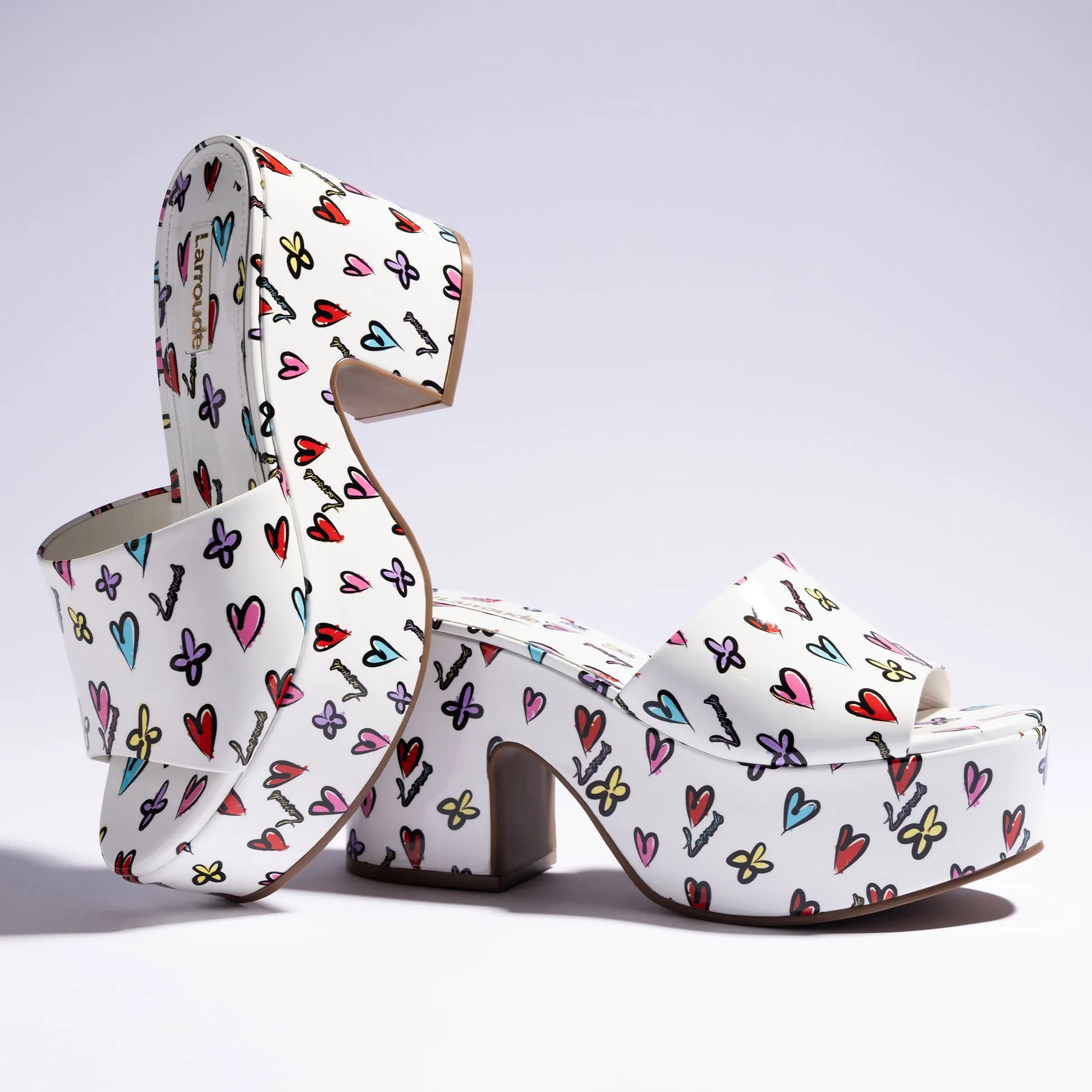 Miso Platform Sandal In White Heart Printed Leather