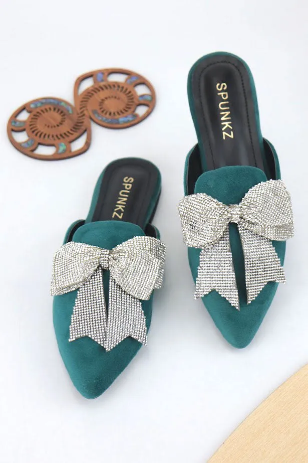 Nile Rhinestone Bow Aqua Pointed Toe Flat Mules