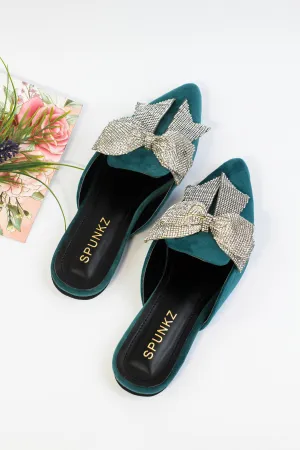 Nile Rhinestone Bow Aqua Pointed Toe Flat Mules