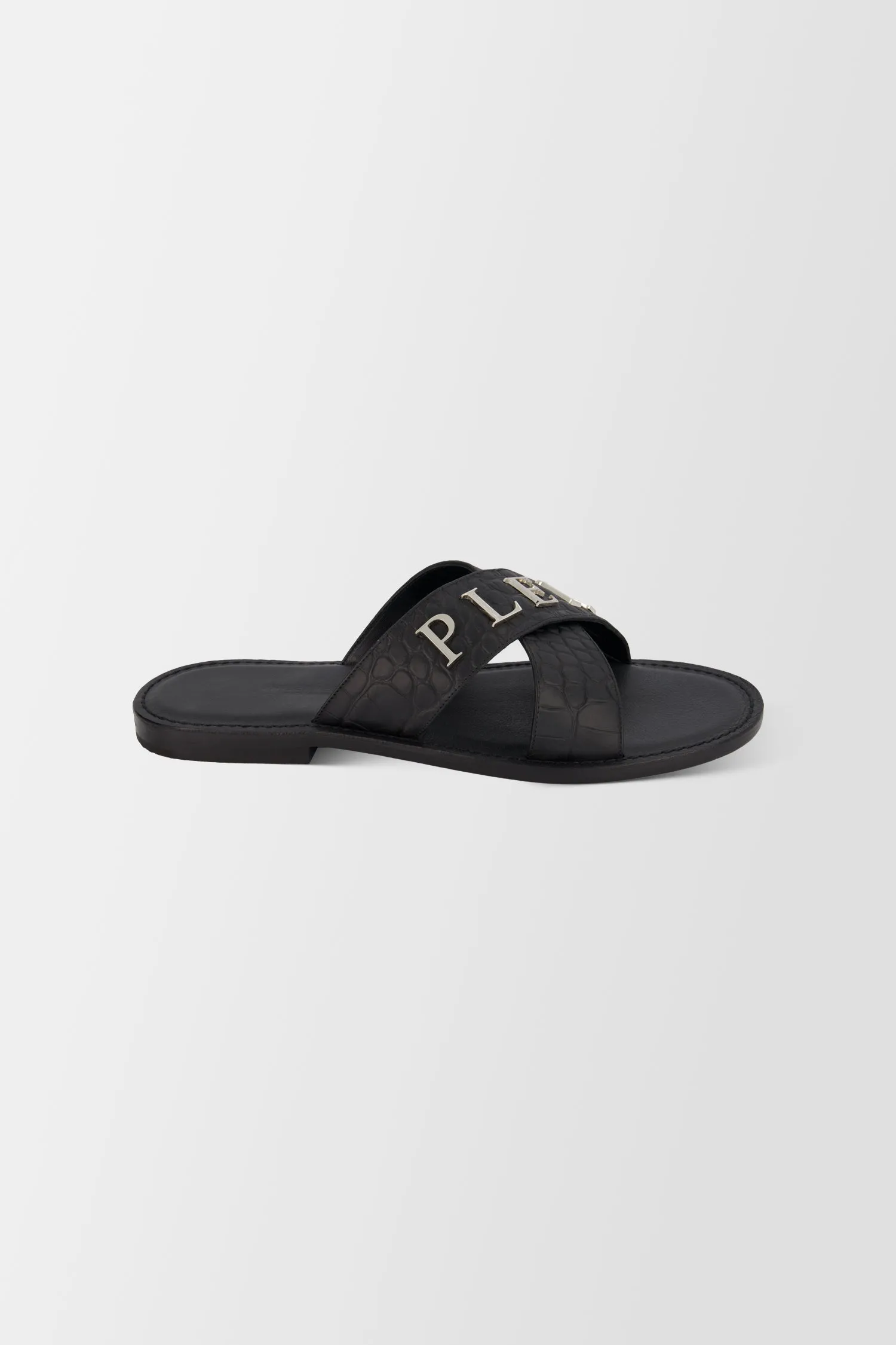 Philipp Plein Black Metal Logo Flat Slides