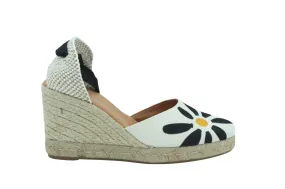 PINAZ Ivory and Black Floral Print Wedge Espadrille