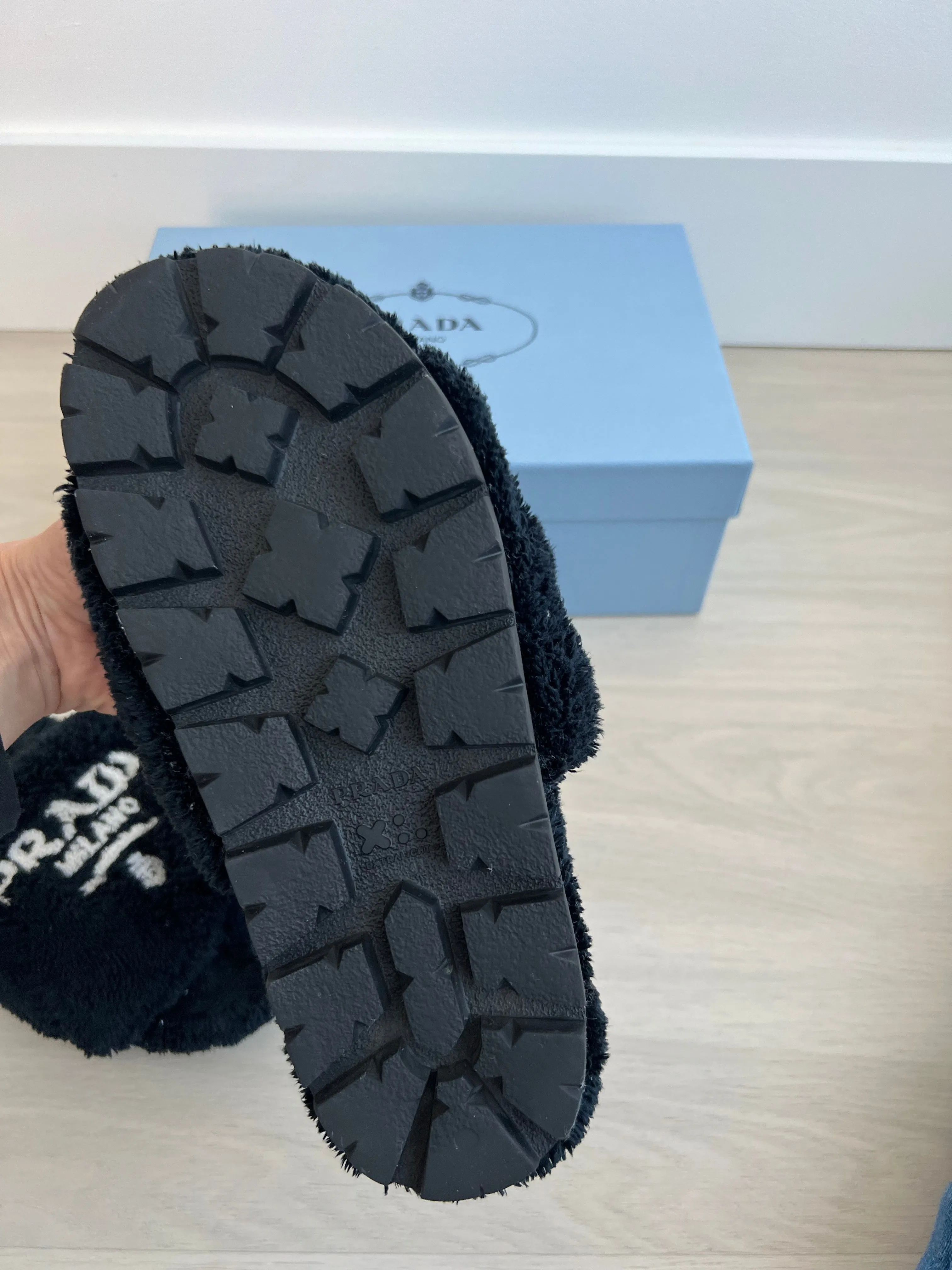 Prada Shearling Logo Slides