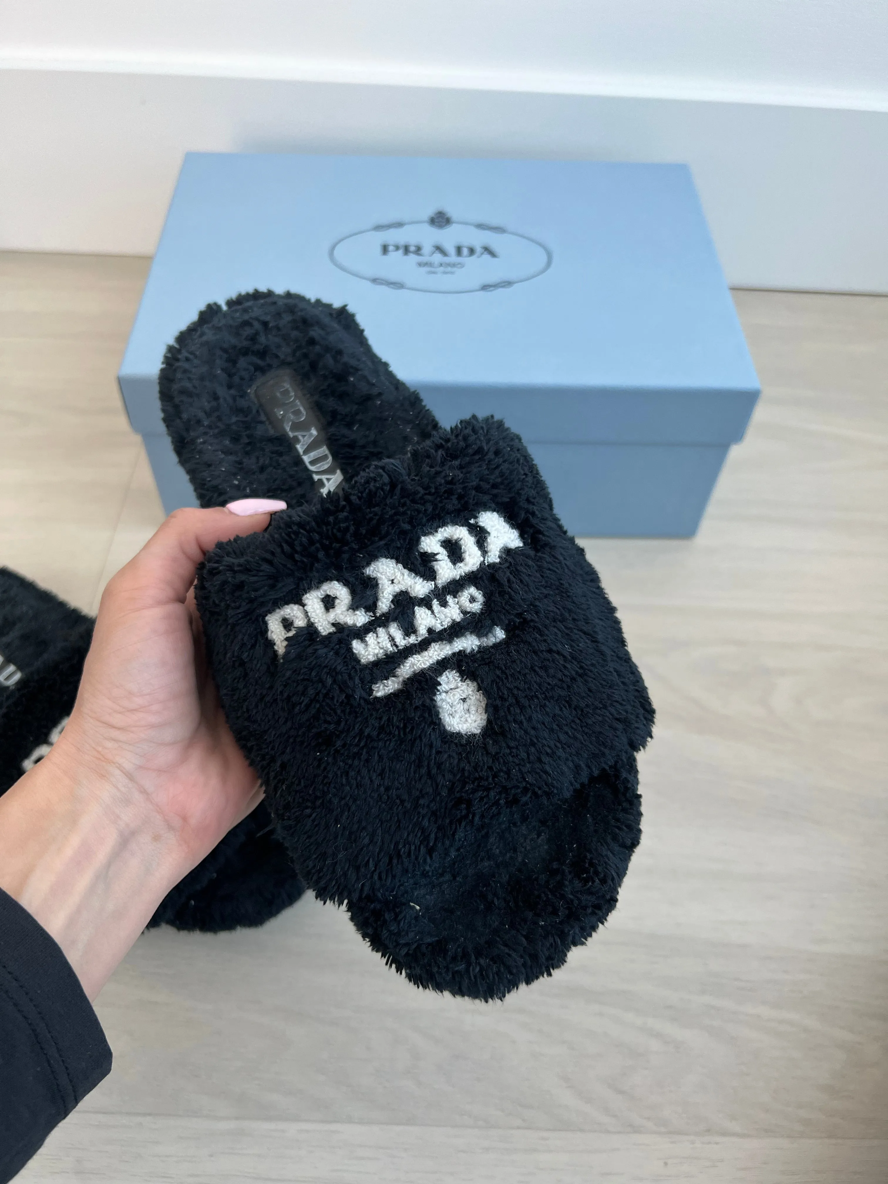 Prada Shearling Logo Slides