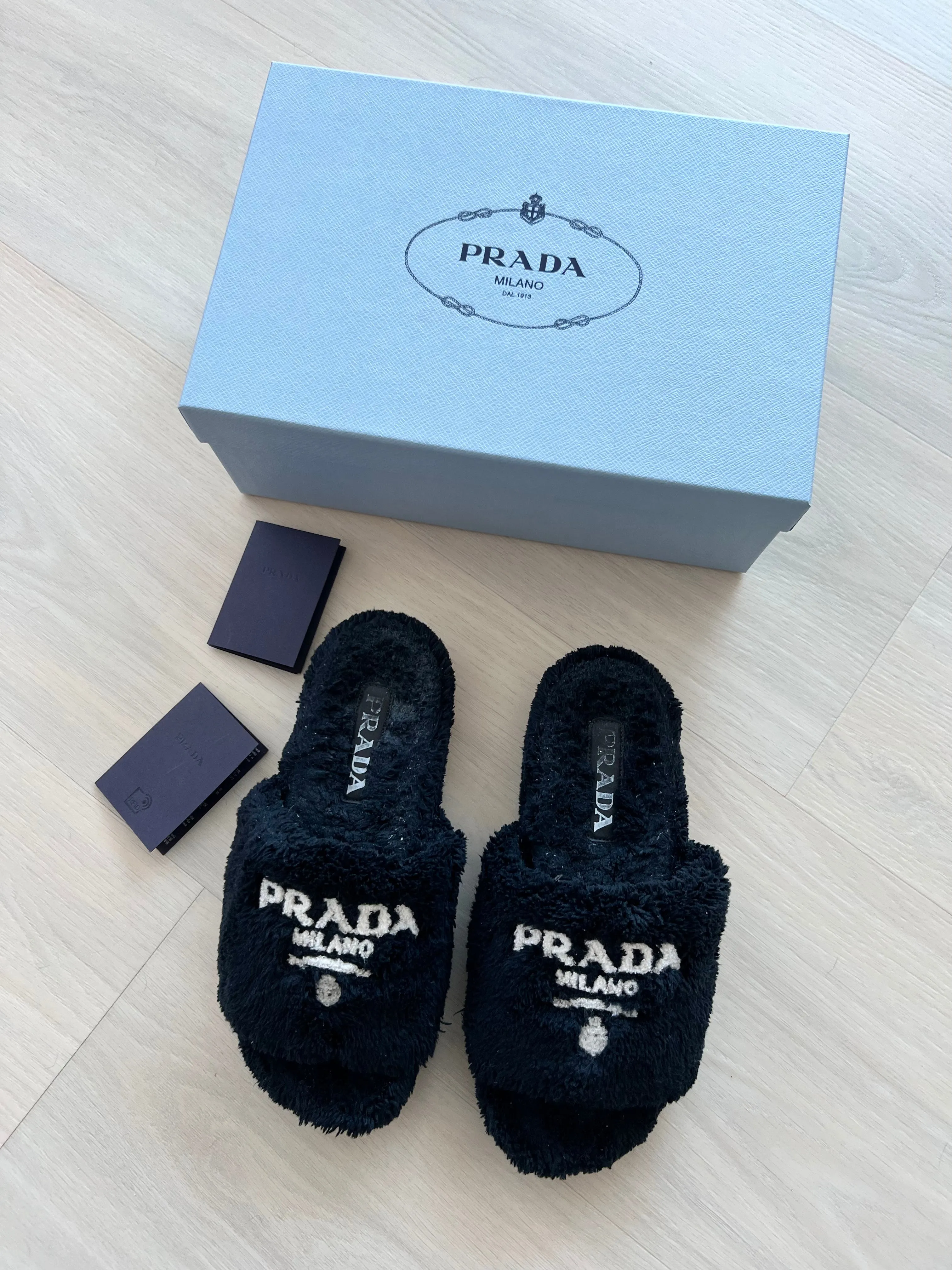 Prada Shearling Logo Slides