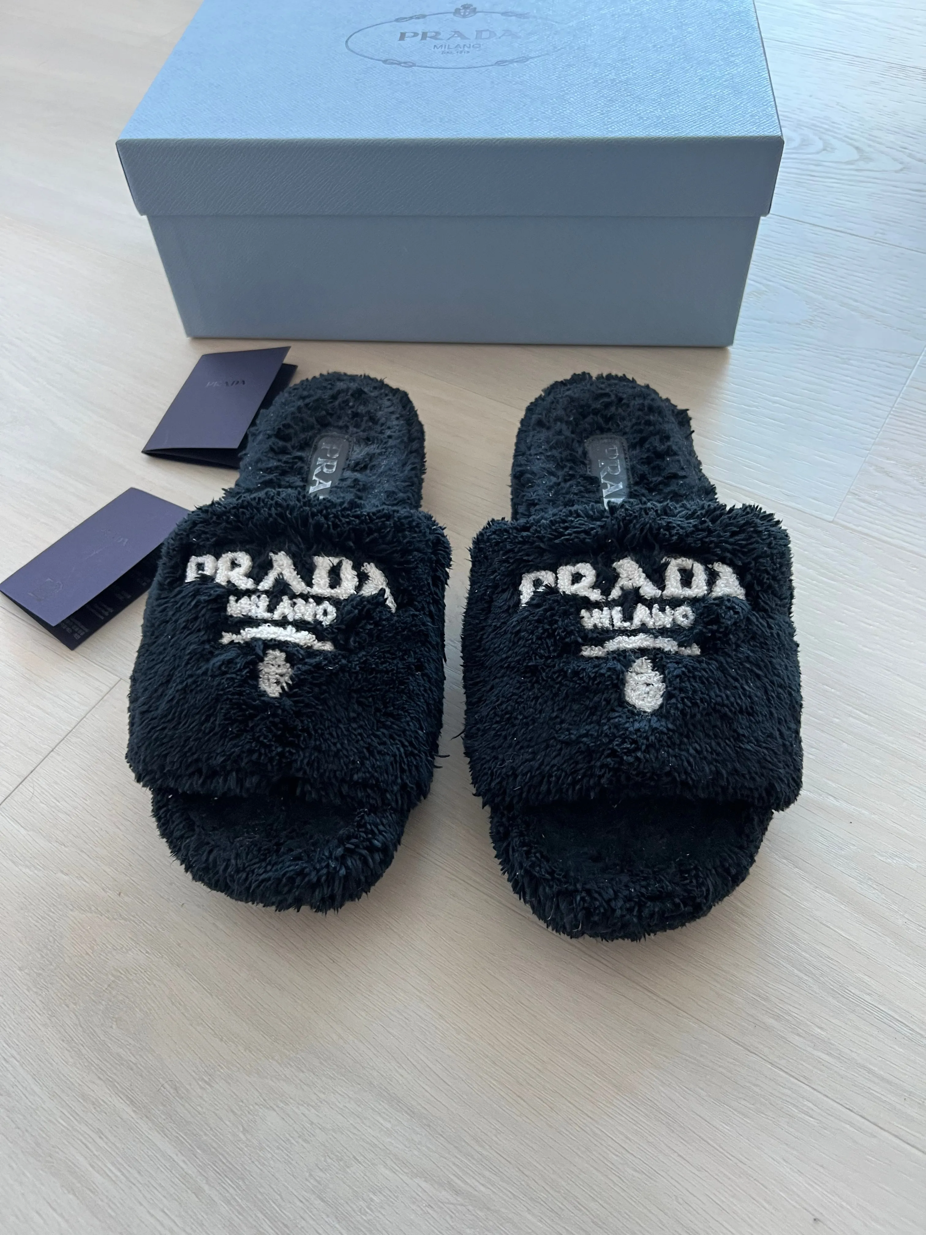 Prada Shearling Logo Slides