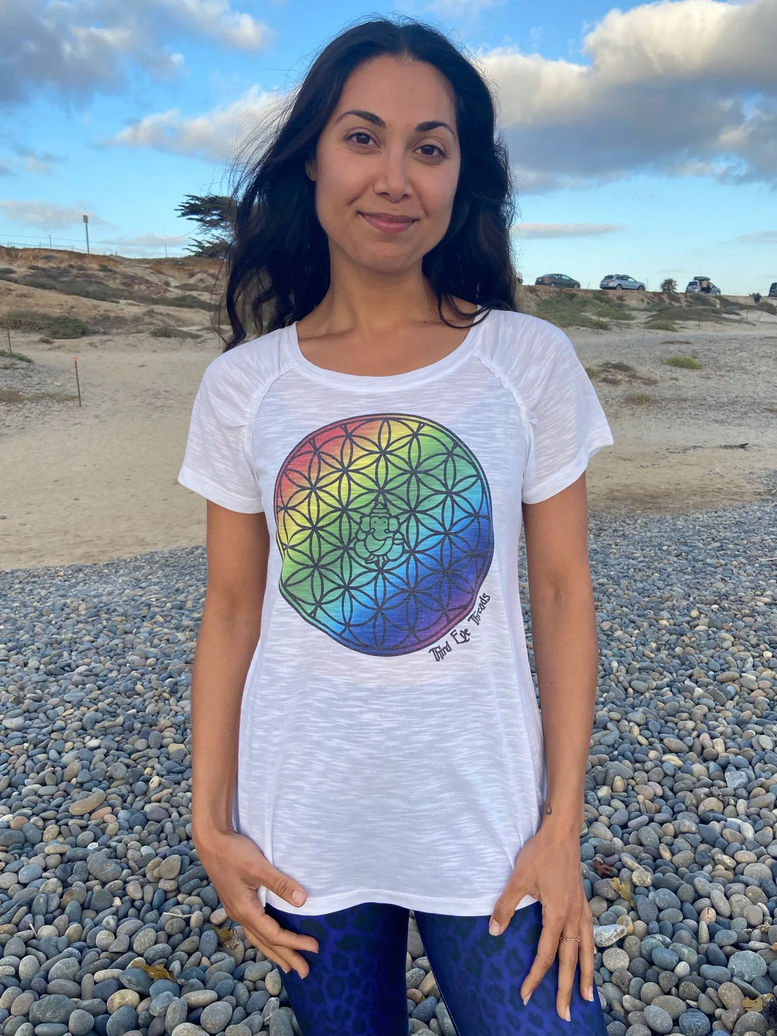 Rainbow Flower of Life Shirred Raglan Tee